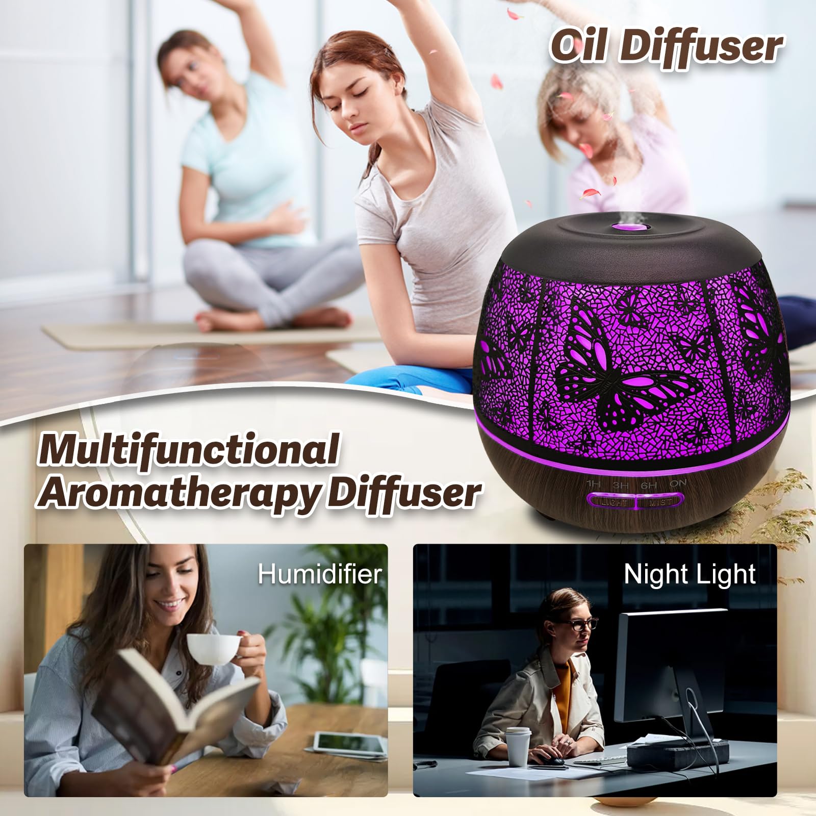 Roonbo Diffusori per oli essenziali, grande stanza, 400 ml, diffusore di oli essenziali per la casa con R/C, umidificatori a nebbia fredda per camera da letto, 7 colori cambiati e 3 modalità di