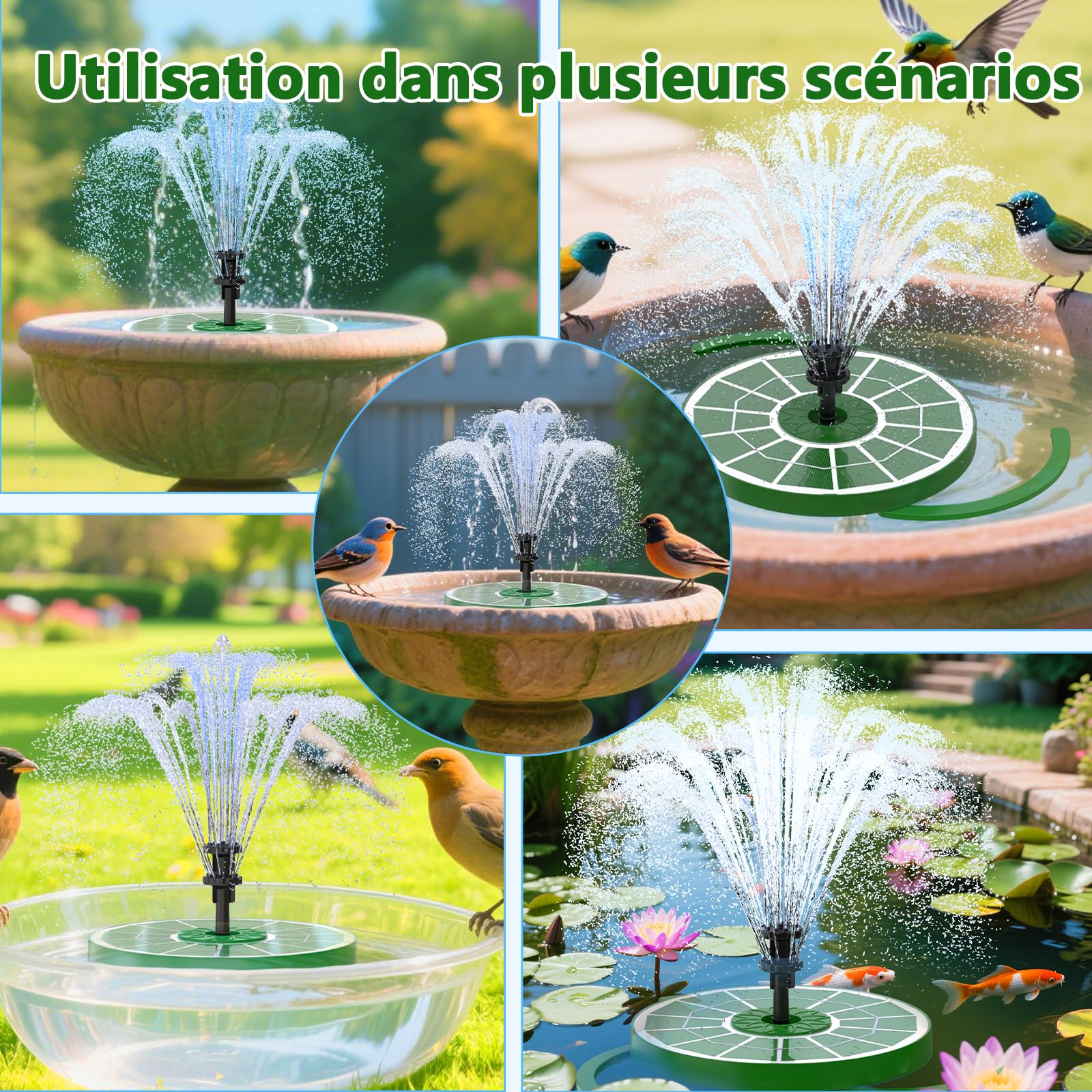 AISITIN Fontaine Solaire 3,5W Pompe de Fontaine Flottante Solaire avec Divers Effets de Pulvérisation, Pompe Solaire Bassin Exterieur avec Vitre en Verre Vert Foncé pour Jardin