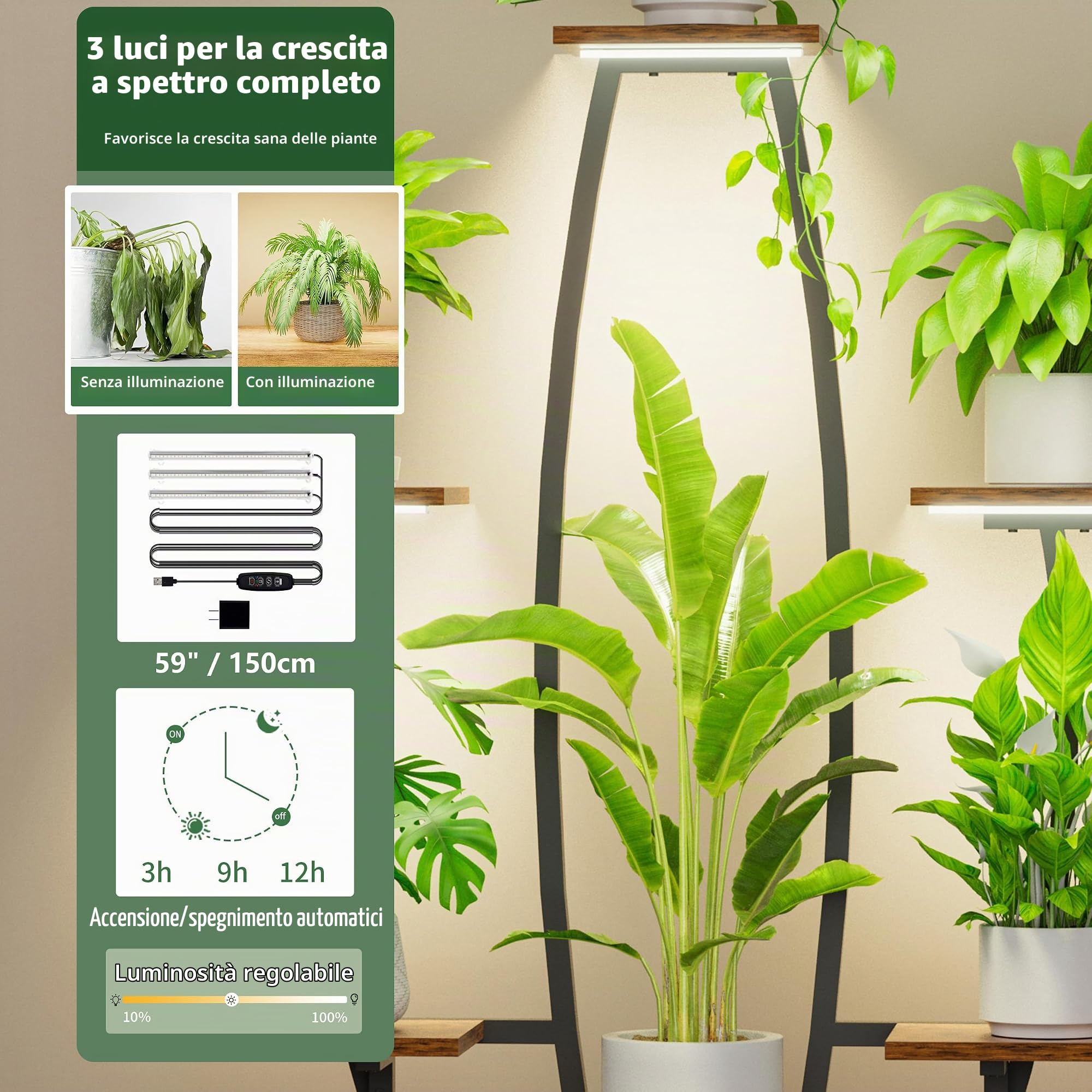JUSTOGO Supporto per Piante da Interno con Luci di Crescita - Mensola per Piante da Interno Grande a 7 Ripiani, Supporti Angolari per Piante da 119 cm per Piante da Interno Multiple, Scaffale per