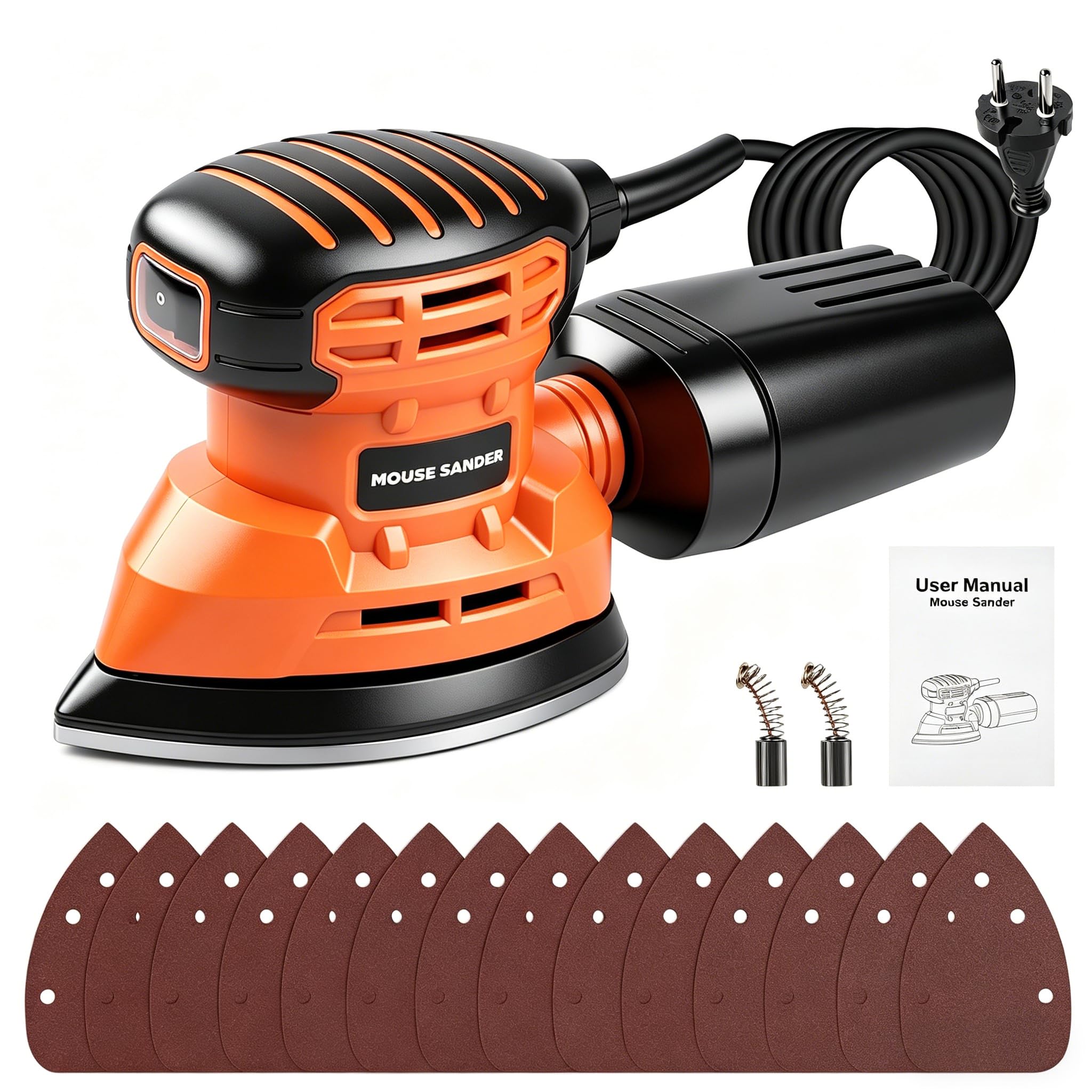 Ponceuse de Détail Triangulaire Électrique, Ponceuse Souris 150W Ponceuse À Main Avec Collecteur de Poussière, 14 Feuilles de Papier Abrasif de Grain 60 À 400, pour Le Polissage Du Bois