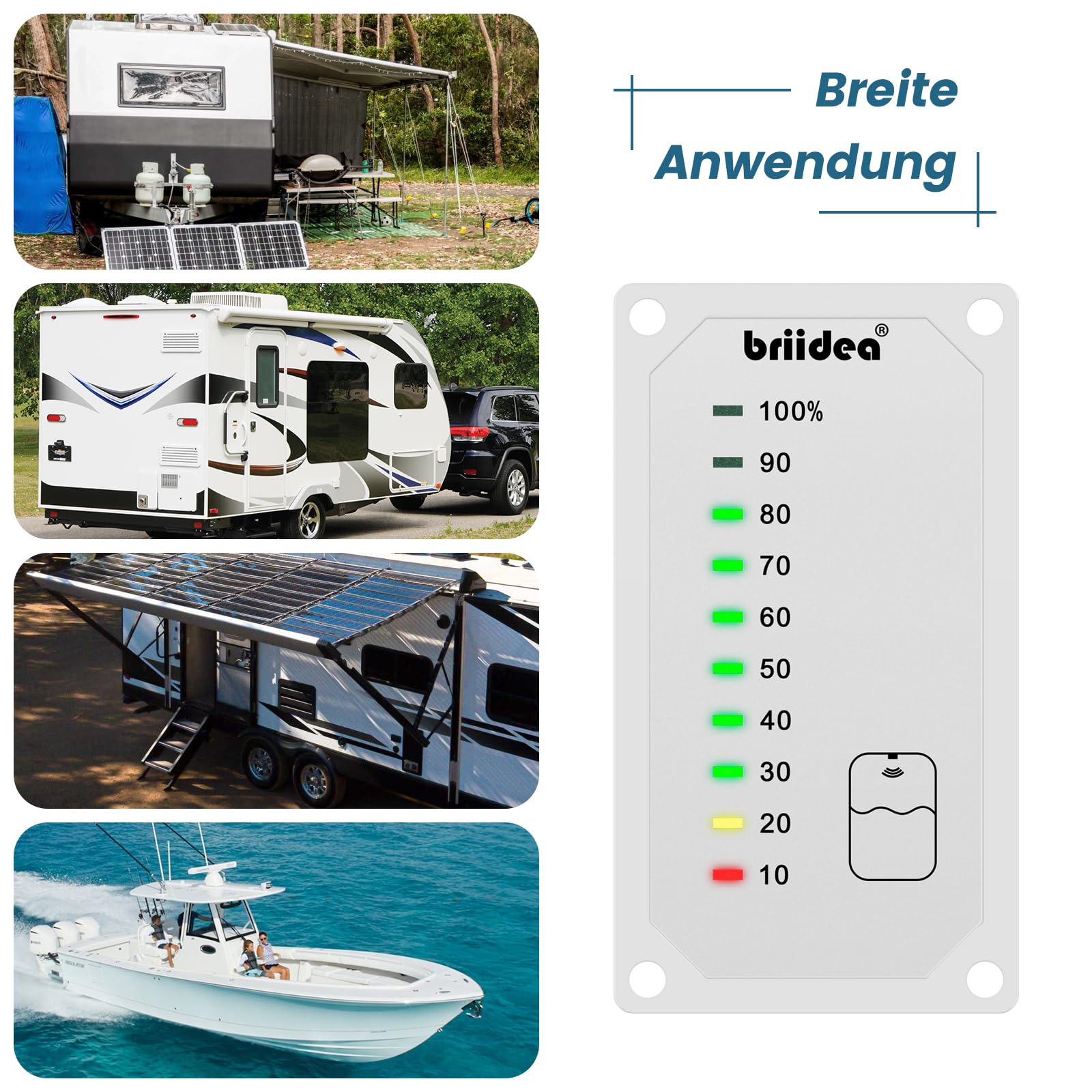 briidea HRWL-01W Wskaźnik poziomu zbiornika na świeżą wodę, ze wskaźnikiem LED, zasilany zasilaczem 7-32 V DC DC, bardzo dobrze nadaje się do samochodów kempingowych, przyczep kempingowych, biały