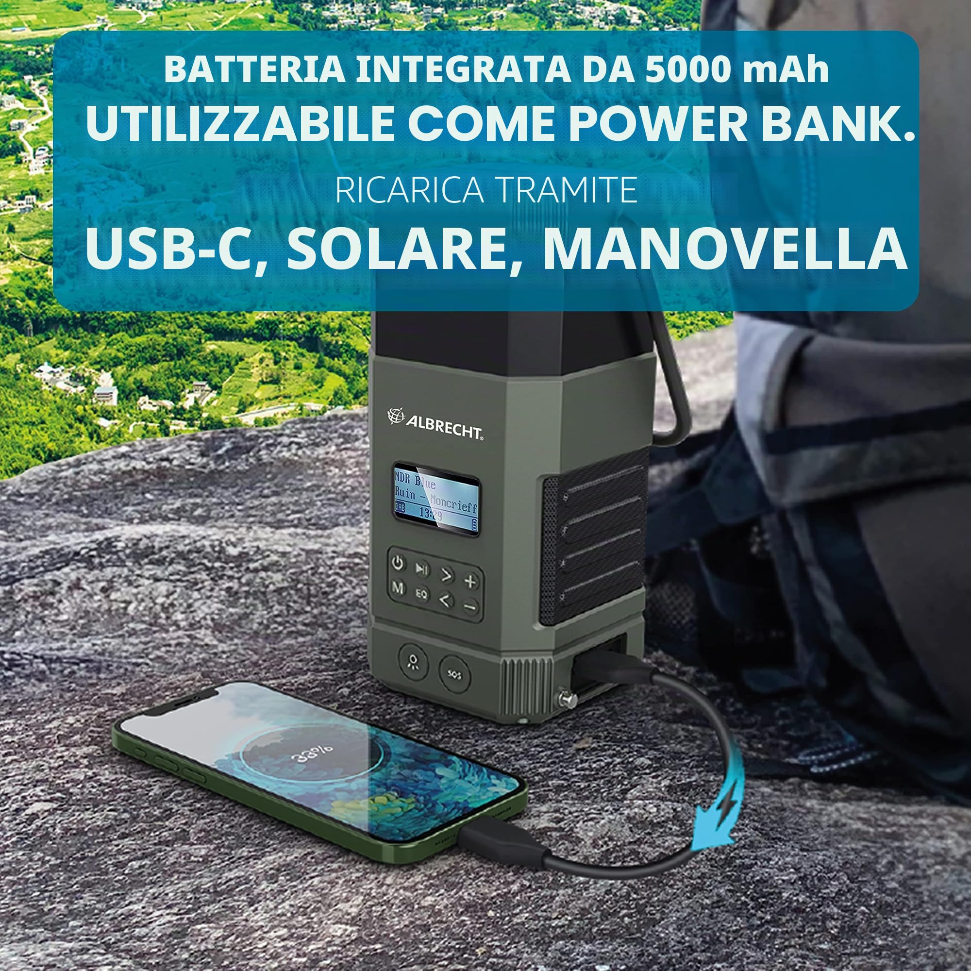Albrecht DR 114, radio d'emergenza da esterno con lampada da campeggio, portatile DAB+/FM, 27912, chiamata di emergenza SOS,torcia elettrica, pannello solare, PowerBank, protezione dall'acqua IPX5