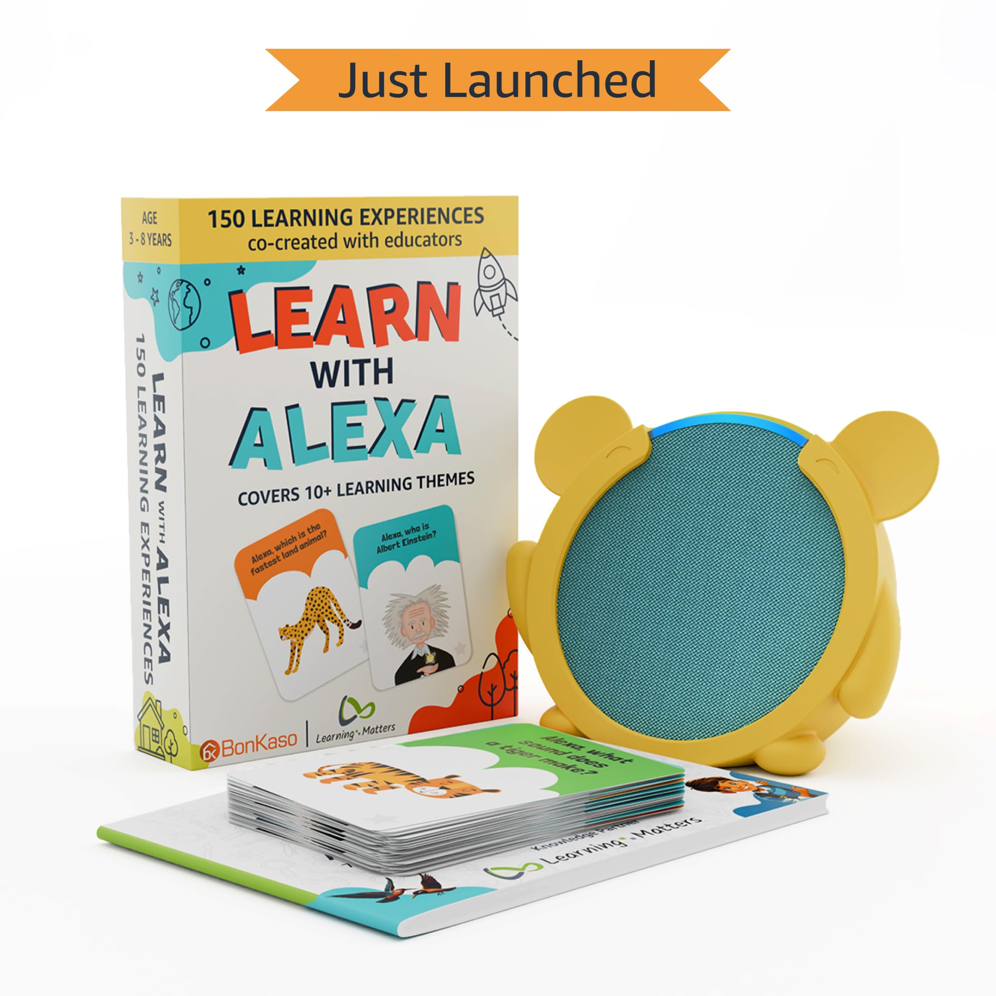 Amazon Echo Pop (Green) Smart Bluetooth Speaker | Combo for Kids aged 4+ years with Alexa Activity Kit and Teddy Sleeve by BonKaso | Interactive learning, stories, rhymes & hands-free fun | Limited Edition | Alexa for Kids