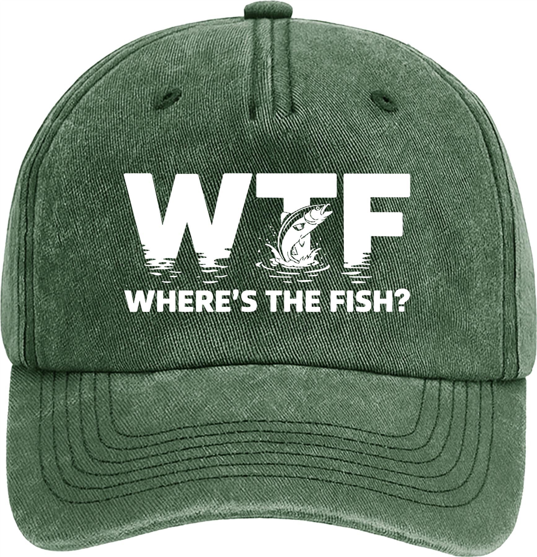 WTF Where's The Fish Vintage Baseball Cap - Fishing Hat (Green)