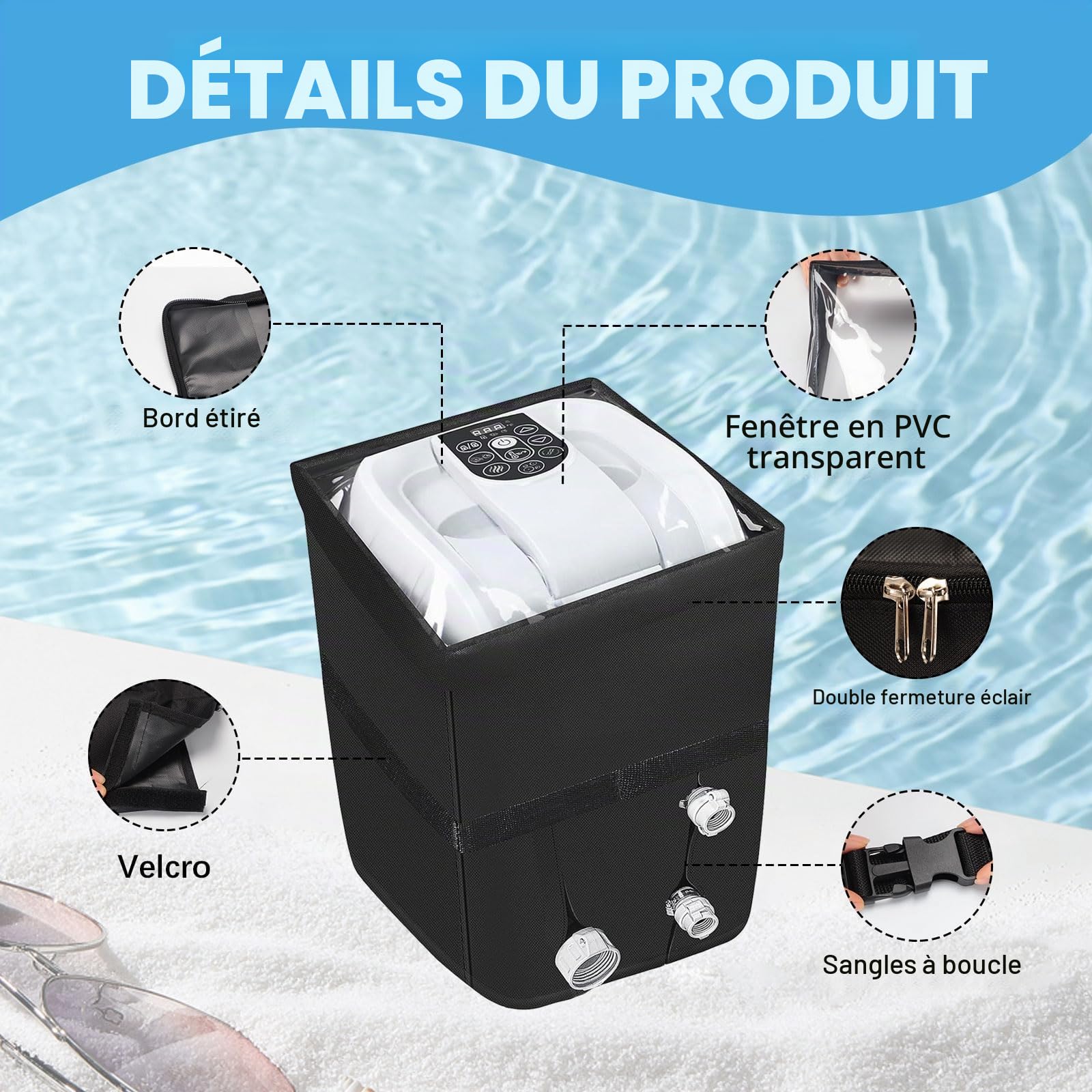 Housse De Chauffage pour Spa, Housse de Pompe de Chauffage avec ouverture à fermeture éclair et dessus en PVC transparent Windo, Imperméable, Aux UV, Abri Pompe Piscine 40 x 37 x 54 cm (Noir)