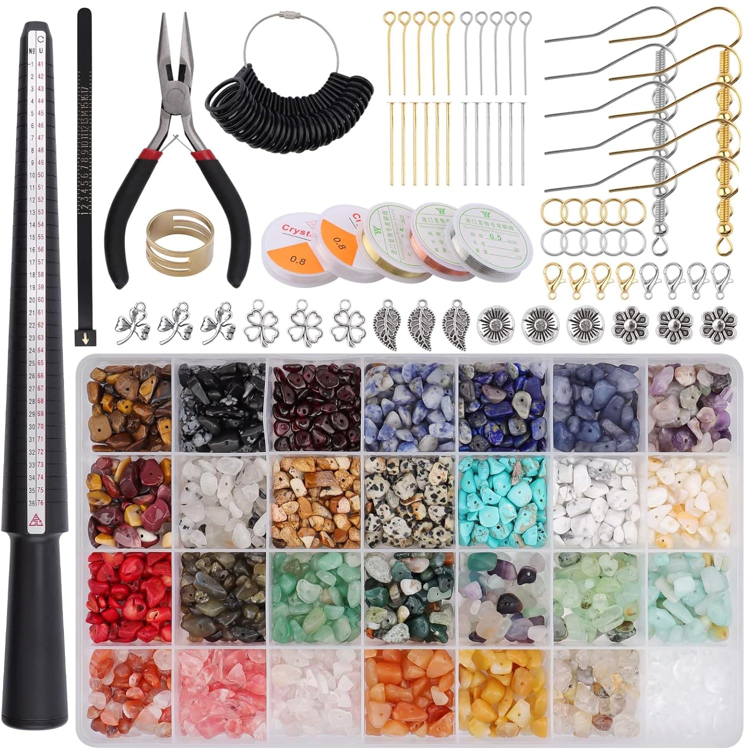 TOROKOM 1700+ Kit de fabricación de joyas con cuentas de cristal, 28 colores de piedra de cristal natural, juego de fabricación de anillos con alambre colgante, alicates, mosquetón para collares
