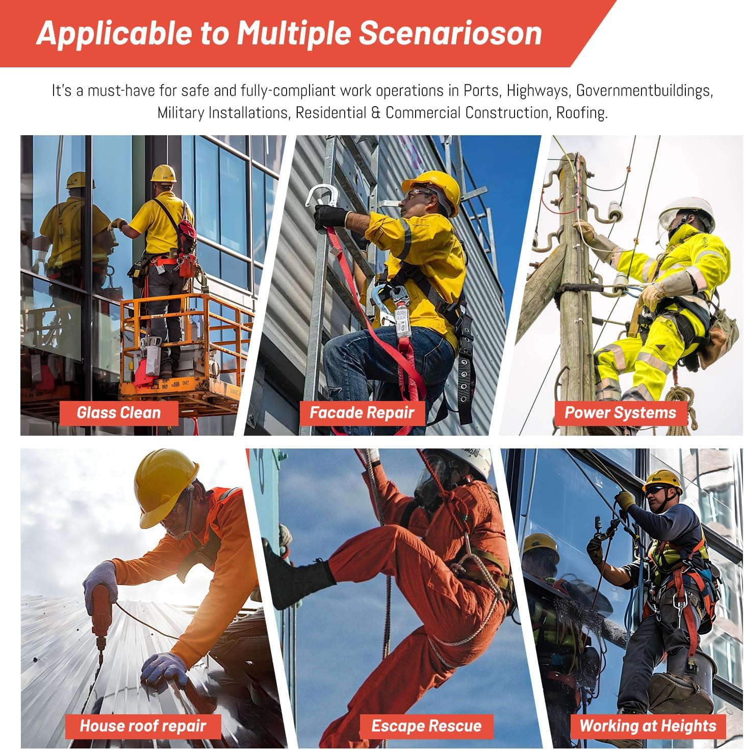 Safety Harness Fall Protection Padded on the shoulders, waist, and legs, featuring front O-rings, with upgraded quick-release buckles, meets ANSI standards, suitable for roofing work, construction