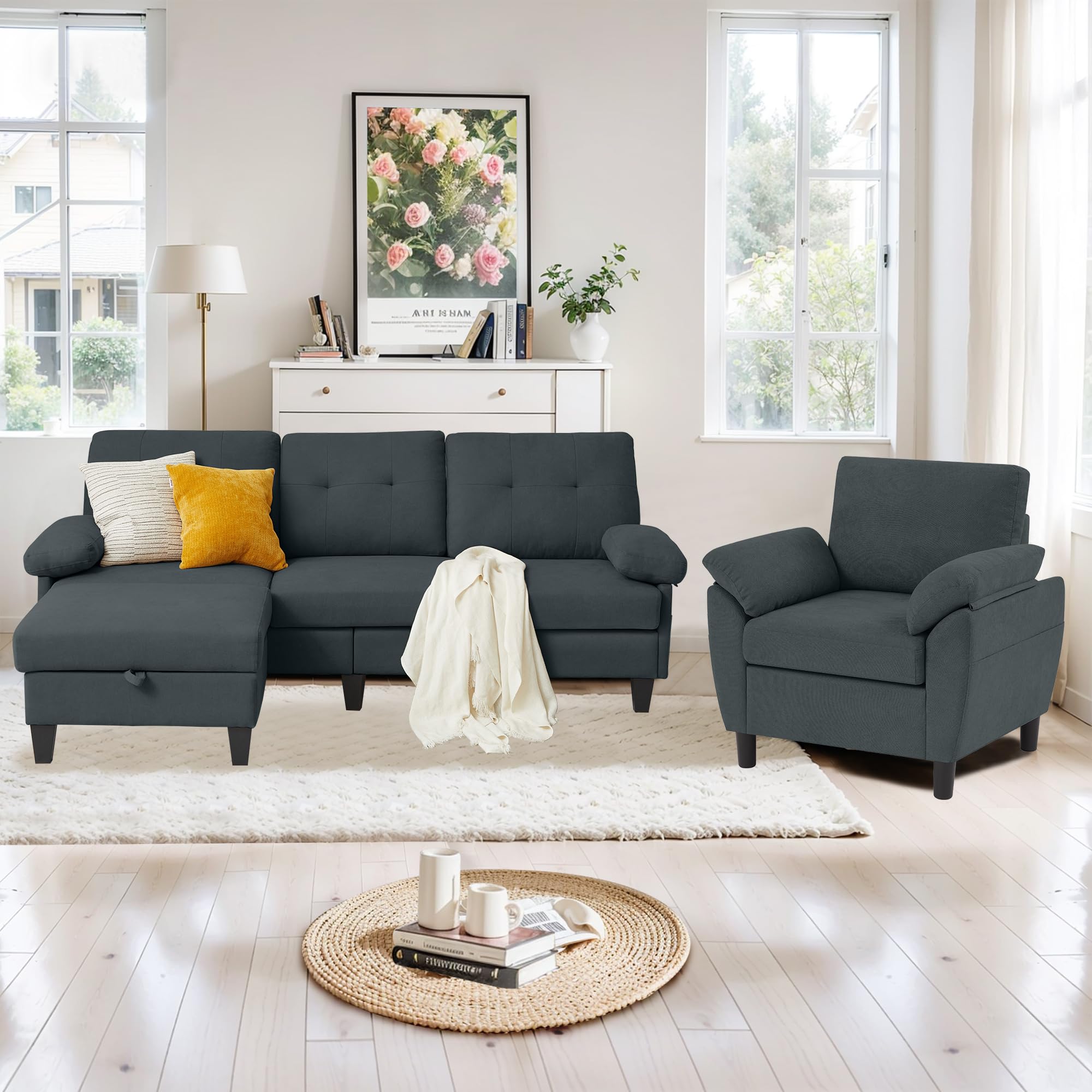 Soscana 2 Piece Sectional Sofa Set, 3 Seat L Shaped Couches with Reversible Chaise Single Seat Accent Chair Polyester Fibre for Living Room, Dark Grey