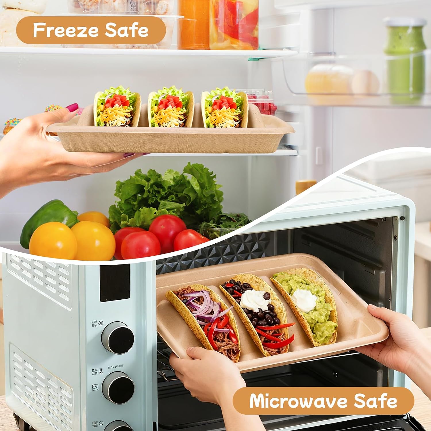 24Pcs Disposable Taco Holders with 100 Liners and 100 Gloves, Heavy Duty Natural Fiber Taco Plates, 3 Compartment Taco Trays for Taco Bar Party Supplies, Fiesta Decorations