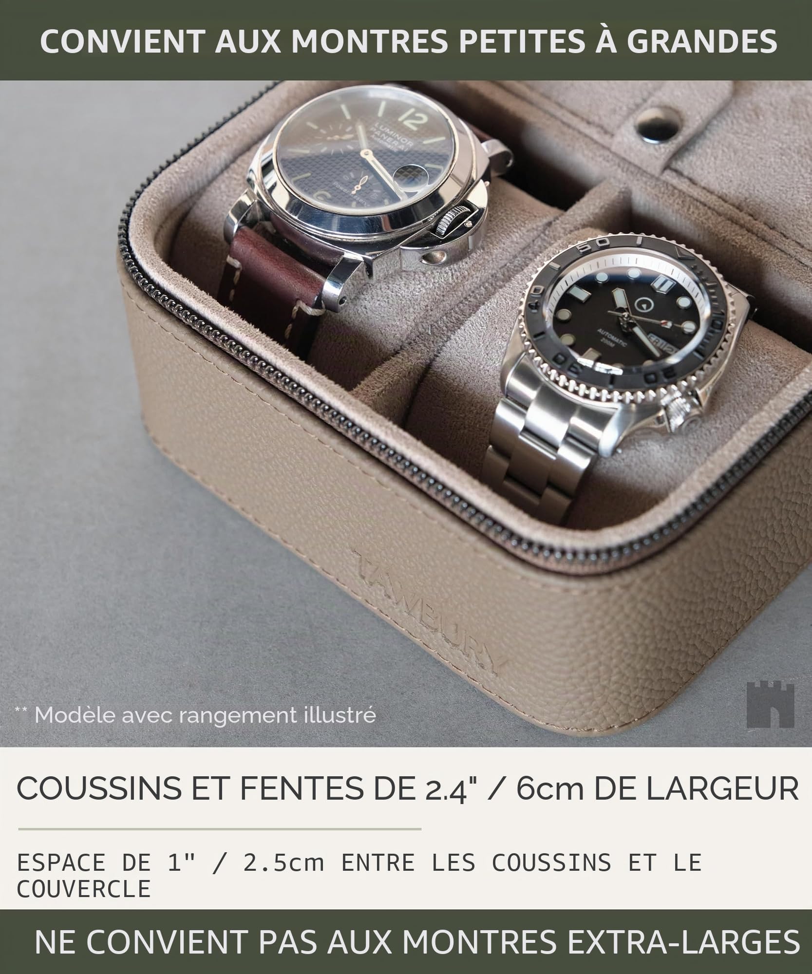 TAWBURY Boîte de rangement portable à 3 emplacements pour montres pour la maison et les voyages avec coussins extra larges pour grandes montres et compartiment pour rangement d'accessoires (taupe)