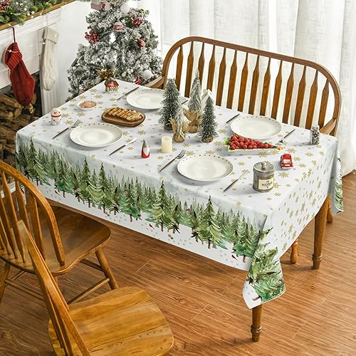 Miniatura 2 de Horaldaily Mantel de Navidad de 60 x 104 pulgadas, diseño de árboles de nieve dorados, lavable, para decoración de fiestas, pícnic, cenas