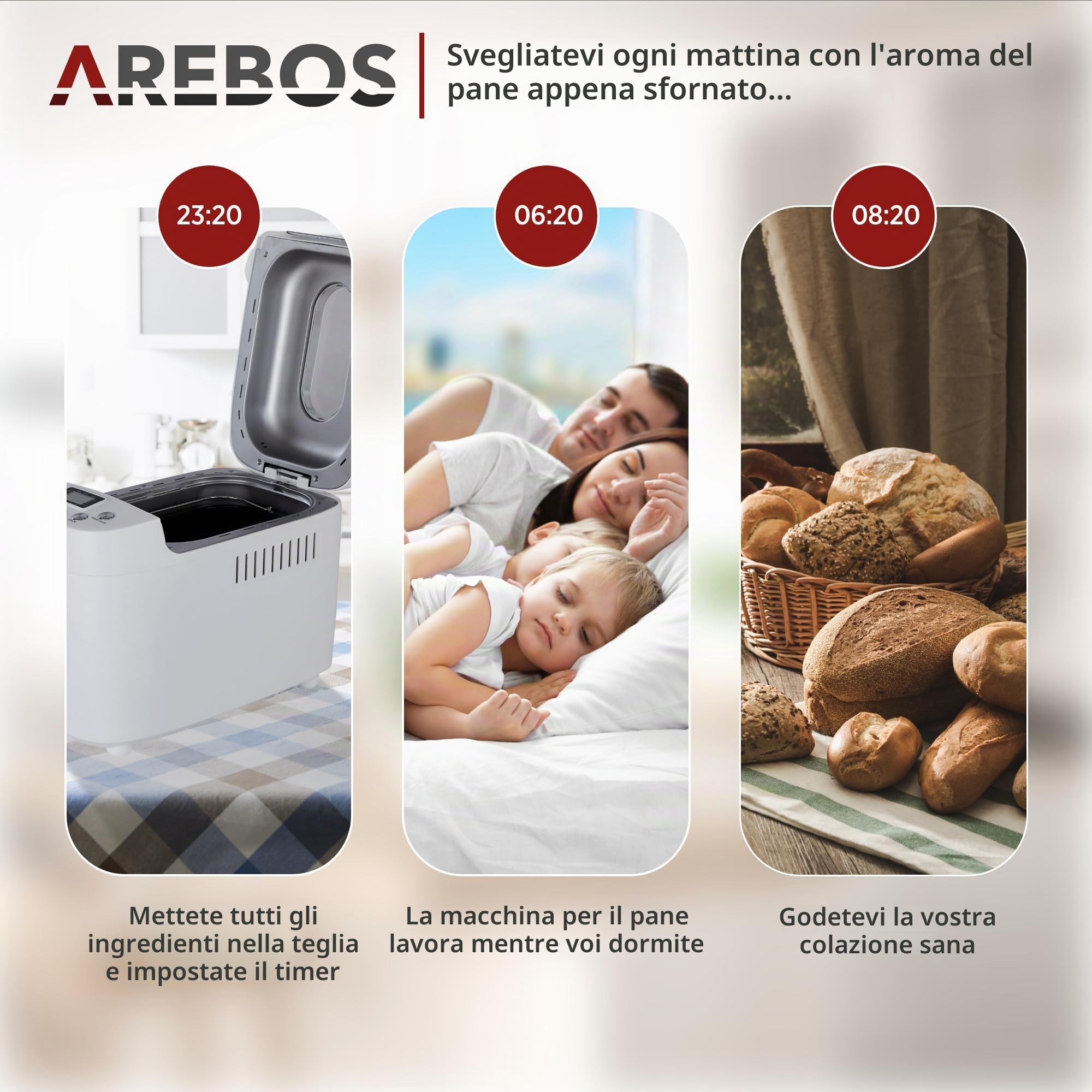 Arebos Macchina per il pane 1500 g | con 15 programmi | 2 ganci per impastare | timer | display LCD | 3 livelli di doratura e dimensioni del pane | 850 W | Bianco