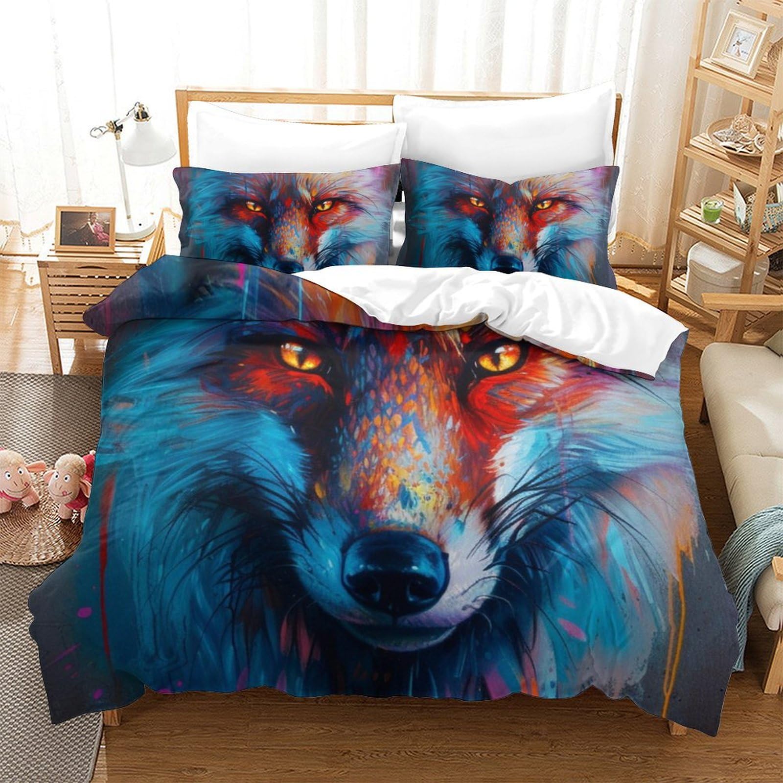 Housse de couette 260x220 jungle renard avec taie d'oreiller super douce et respirante 3D