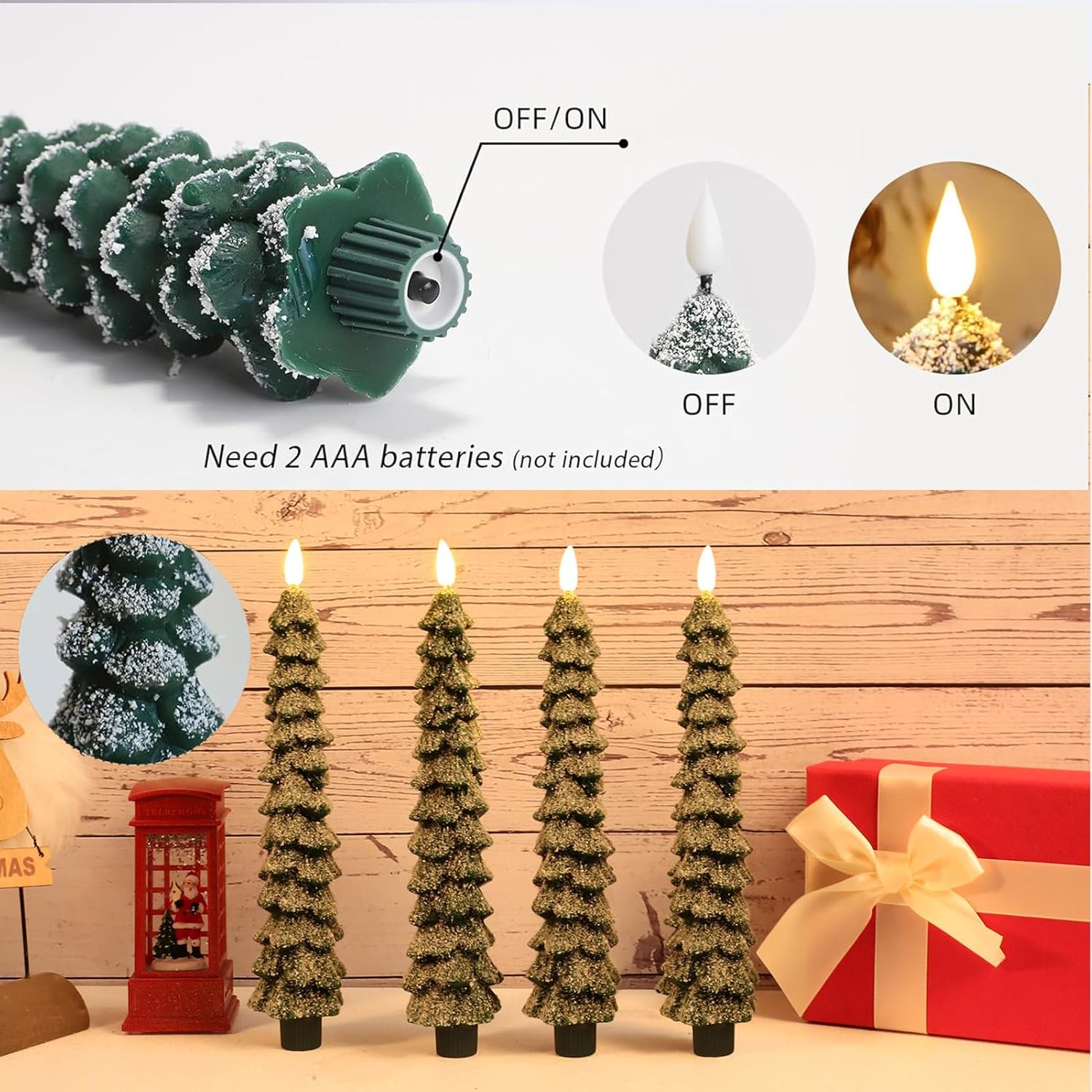 LiuSuper 4 Pack Christmas Tree LED Candles with Remote, Snow Covered Real Wax Flameless Taper Candles with 3D Flickering Flame, Lights Xmas Candlesticks for Christmas Home Party Decor