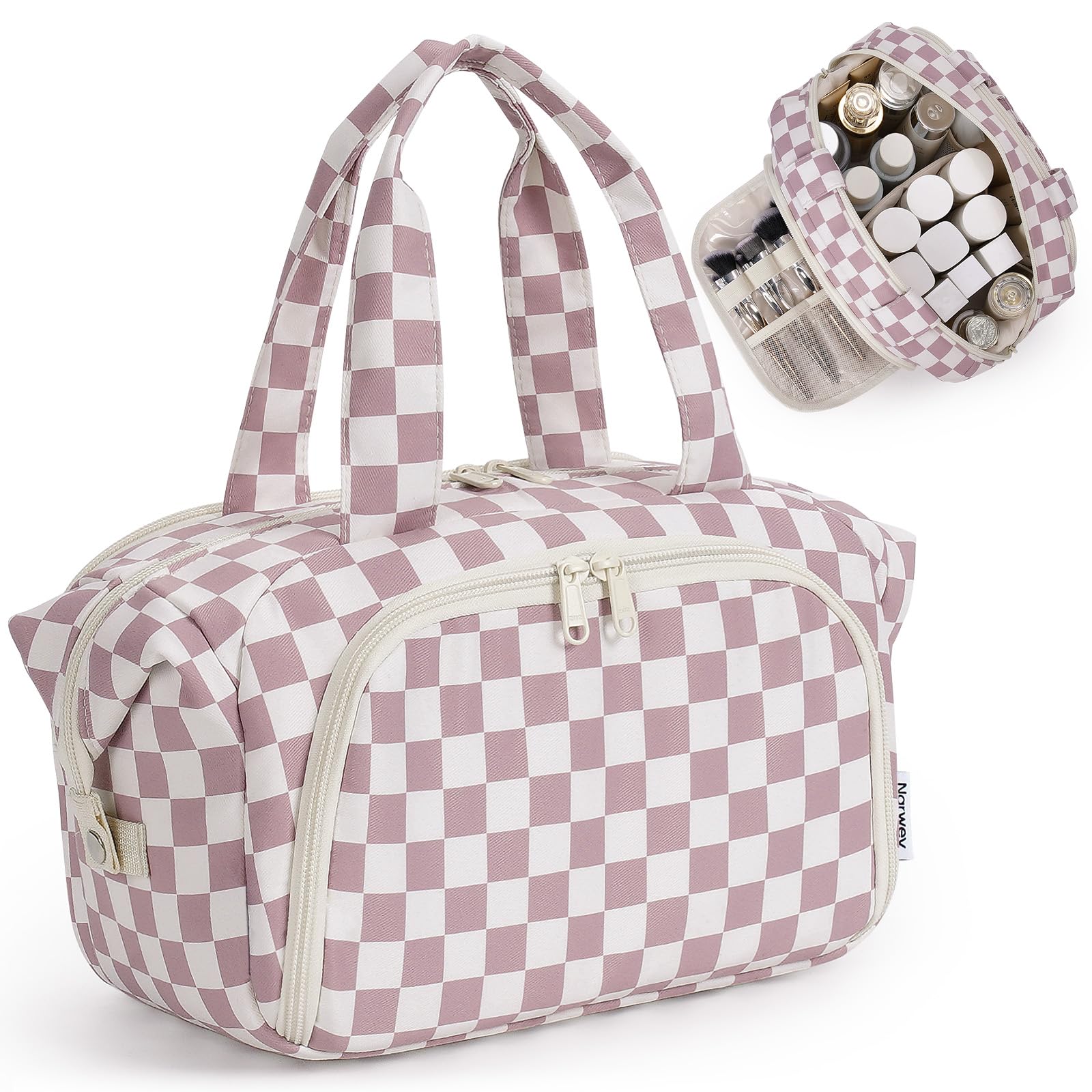 Narwey Travel Toiletry Bag for Women, Checkered Large Makeup Bag, Wide-open Cosmetic Make Up Organizer with Handle, Travel Bag for Toiletries, Essentials, Accessories (Dusty Pink Checkerboard)