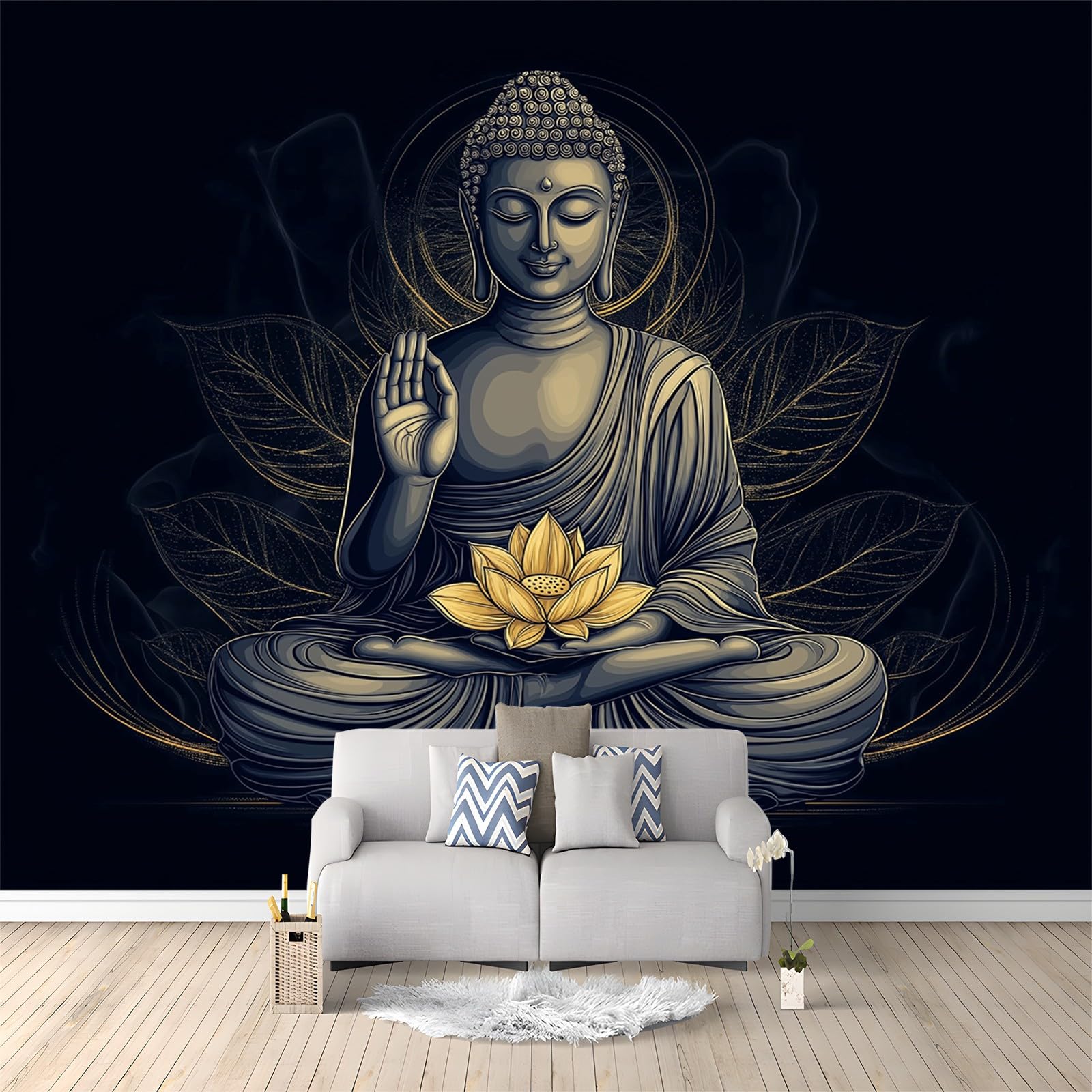 Generico Carta Da Parati Soggiorno Meditazione Loto Nero 250x175 cm Fotomurali Moda Decorazione da Muro Poster Carta per pareti 3D, per Camera Letto, Ufficio, Cameretta Bambini