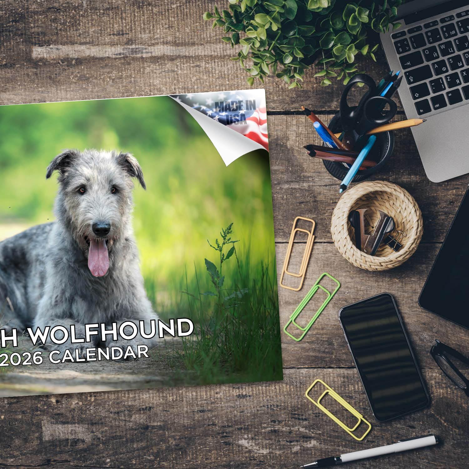 Calendario de perro lobo irlandés 2024 2025, calendario mensual de pared de raza de perro, abierto de 12 x 18 pulgadas, papel grueso que no se corre, regalo, planificador académico para profesores,