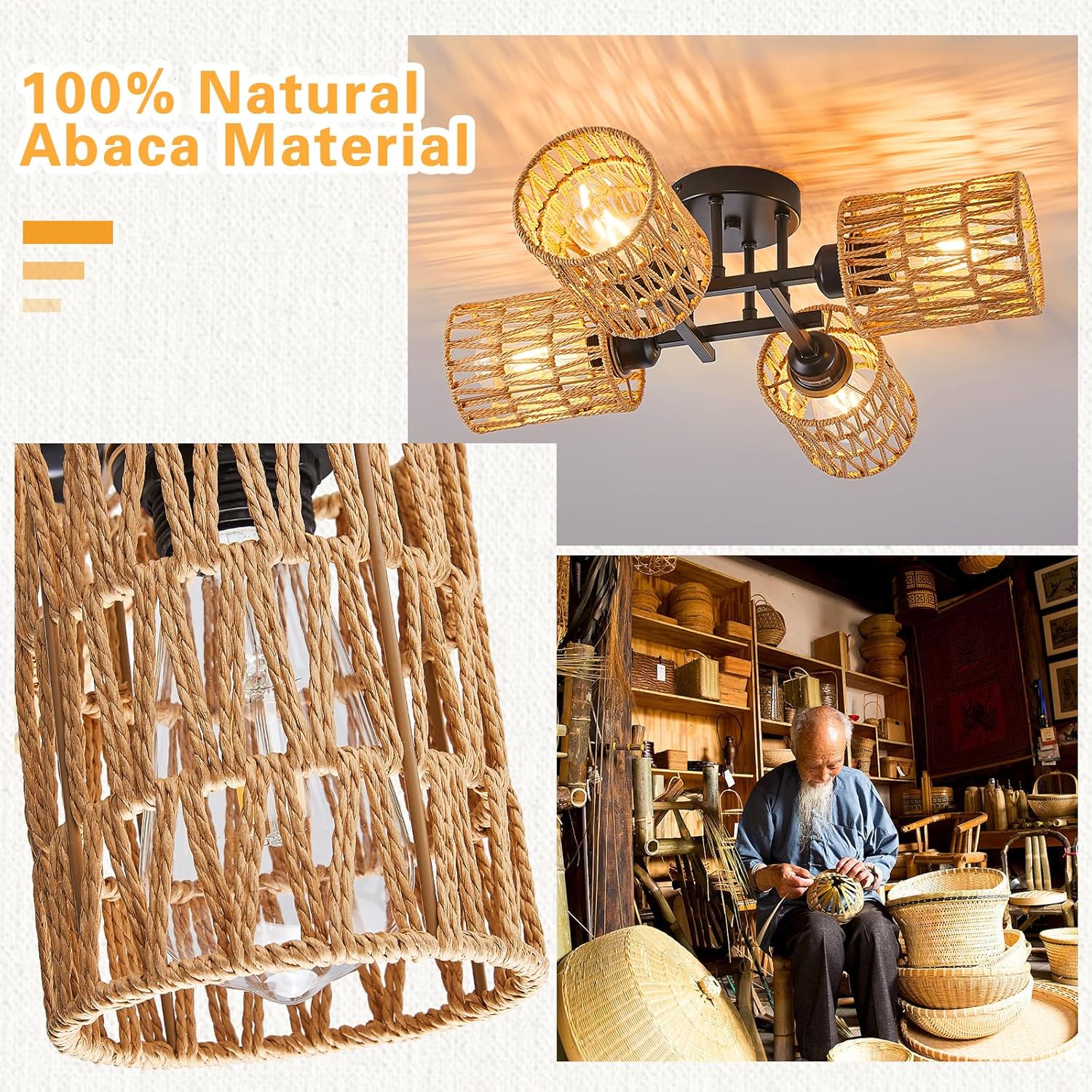 Rattan Flush Mount Ceiling Light,4 Lights Boho Hand-Woven Chandelier, Wicker Bamboo Black Ceiling Light Fixture for Nursery Coastal Dining Room, E26