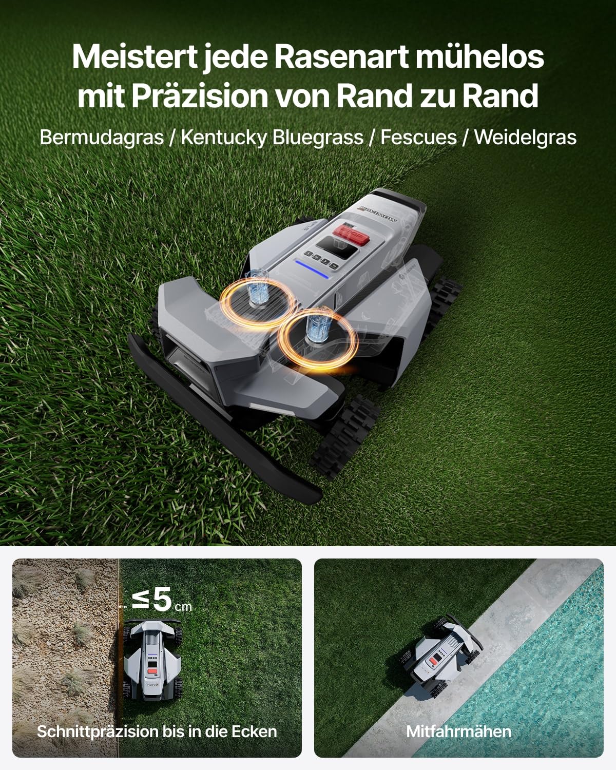 Segway Navimow X420 Mähroboter ohne Begrenzungskabel mit Garage X (separater Versand) für 2000 ㎡, Zero-Turn AWD für 84% Steigungen, NRTK+360° Vision+VIO, Keine RTK-Basisstation, 25-95 mm Schnitthöhe