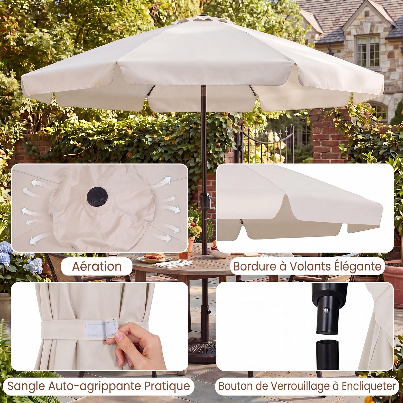 COSTWAY Parasol de Jardin Exterieur 3m, Parasol à Volant en Polyester, Protection Solaire, 30° Inclinaison Bouton-Poussoir, Hauteur Réglable, 8 Baleines, Manivelle, pour Terrasse Piscine Plage