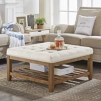 WEMARTHOMEDECOR 24KF Large 33.5" Square Tufted Linen Ottoman Coffee Table with Solid Wood Shelf - Ivory Footrest