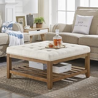 WEMARTHOMEDECOR 24KF Large 33.5" Square Tufted Linen Ottoman Coffee Table with Solid Wood Shelf - Ivory Footrest