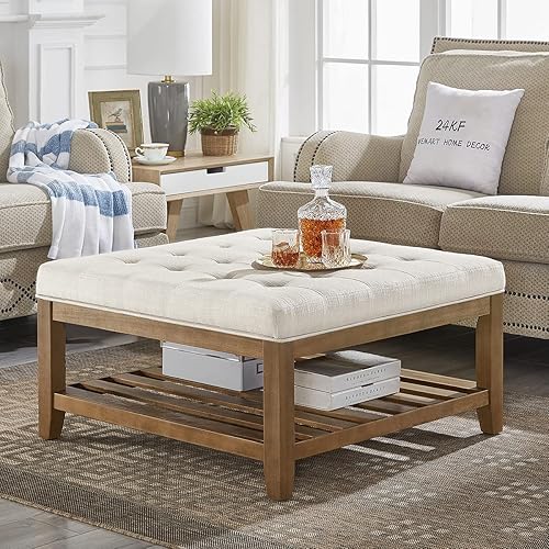 Vista 6 de 24KF Mesa de Centro Otomana Grande Redonda Tapizada con Mechones de Lino, Reposapiés Otomana Grande con Almacenamiento de Estante de Madera, Gris