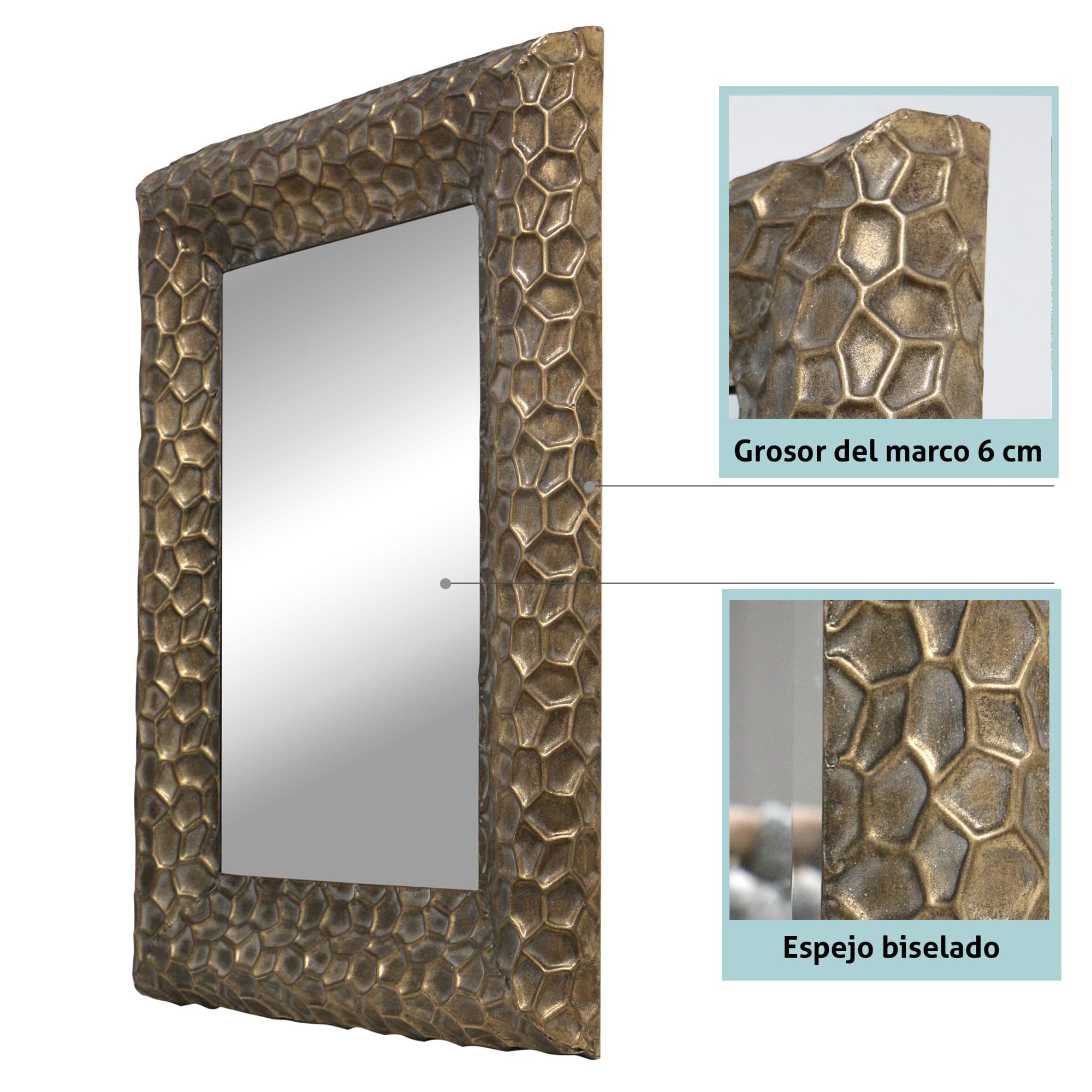 Espejo Rectangular de Metal Oro Patinado Filipinas, 60x80 cm Exterior | Luna Biselada, Para Salón, Baño y Entradita.