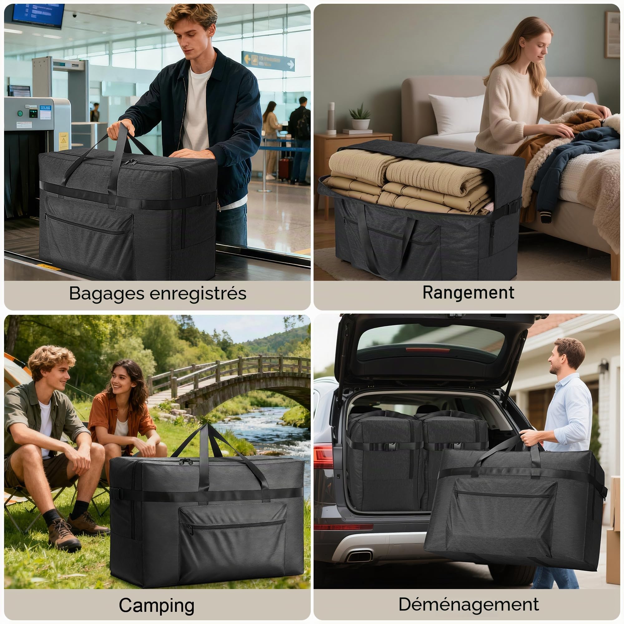 120L Sac de Voyage, Grand Sac de Voyage Imperméable et Résistant aux Déchirures, pour Déménagement, Rangement, Voyage, Camping pour Homme et Femme