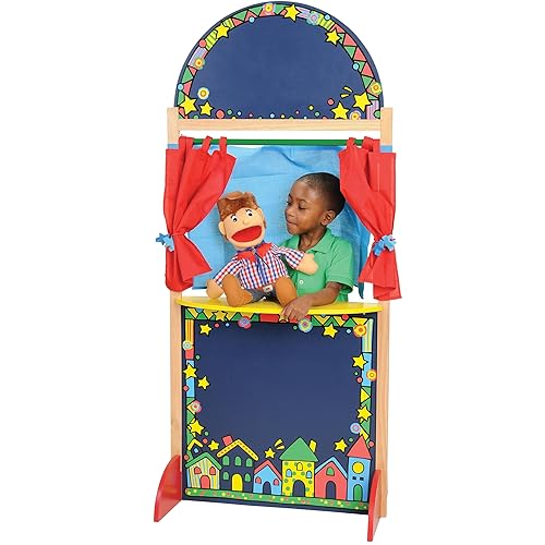 Miniatura 3 de Constructive Playthings Teatro de marionetas de madera dura de tamaño infantil, incluye pizarra, cortina y telón de fondo, constructivo duradero,