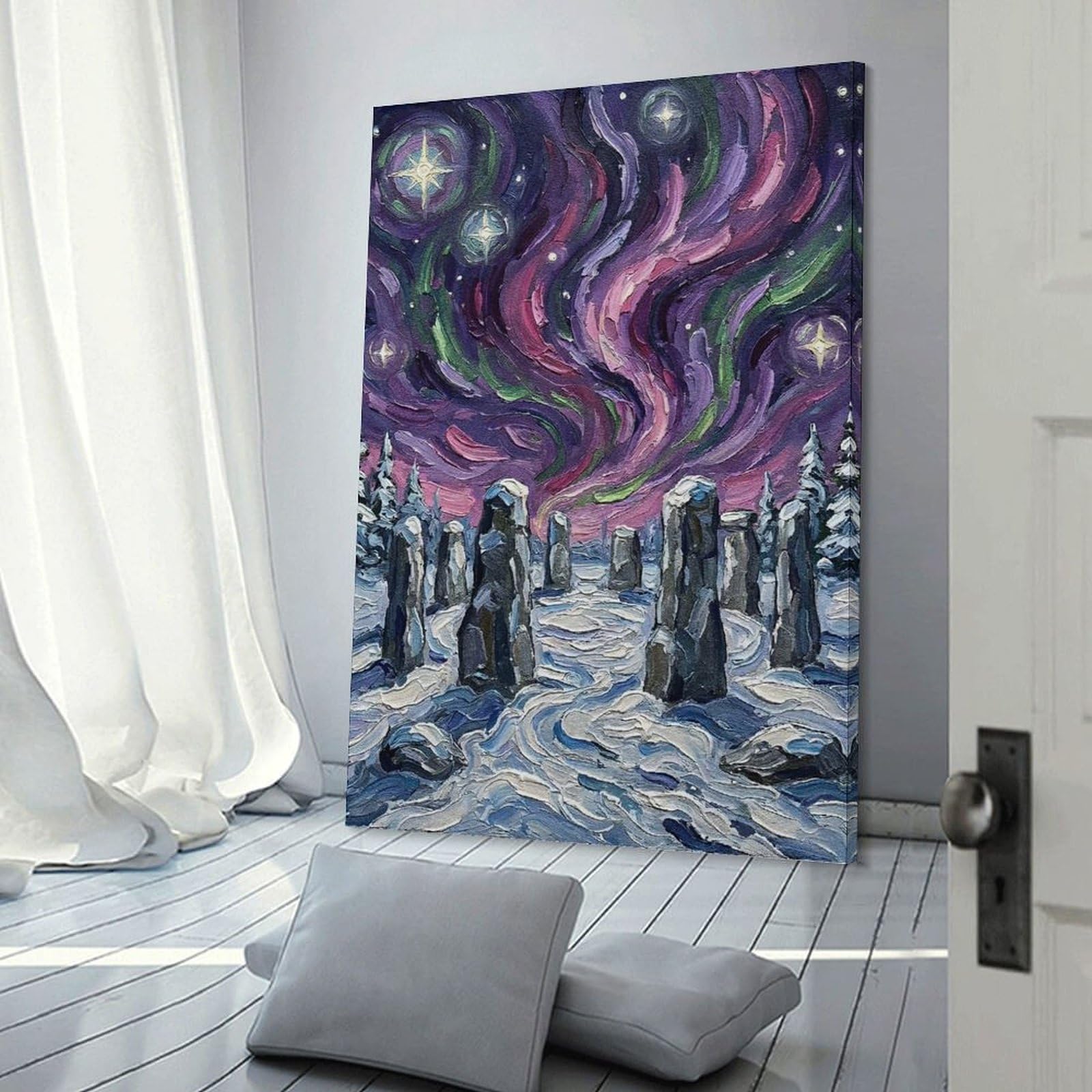 Junmoney Aurora Borealis Over Stone Circle Wall Art Print, 20x30inch(50x75cm), for Front Hall, Corridor Or Welcome Spaces, Wall Decor to Refresh Empty Corners