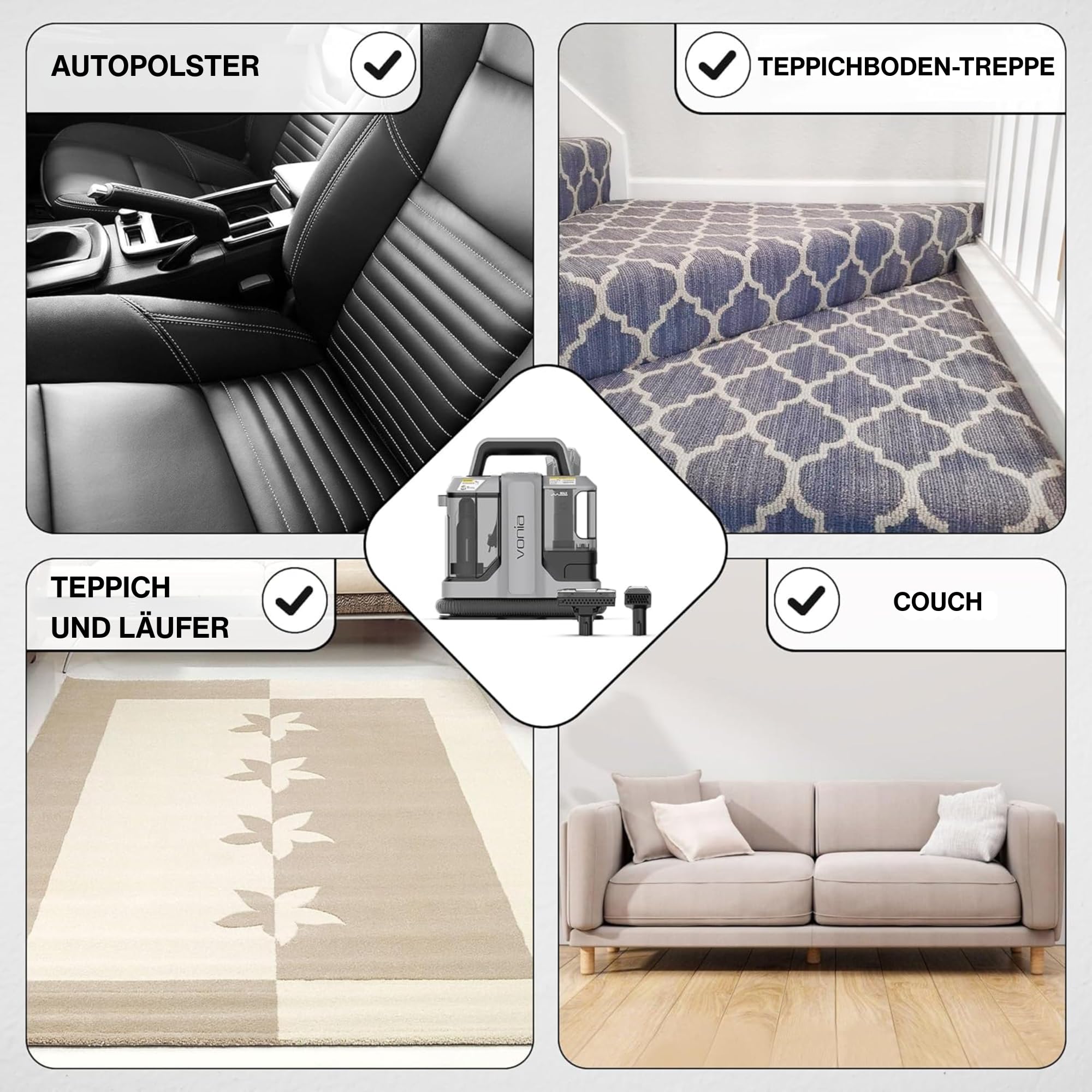 Vonia Teppichreiniger & Polsterreiniger – Leistungsstarker Waschsauger 450W mit 11 kPa Saugkraft, 2 Aufsätze & 1,2 m Schlauch – Grau – ideal für Auto, Sofa, Teppiche & Polstermöbel