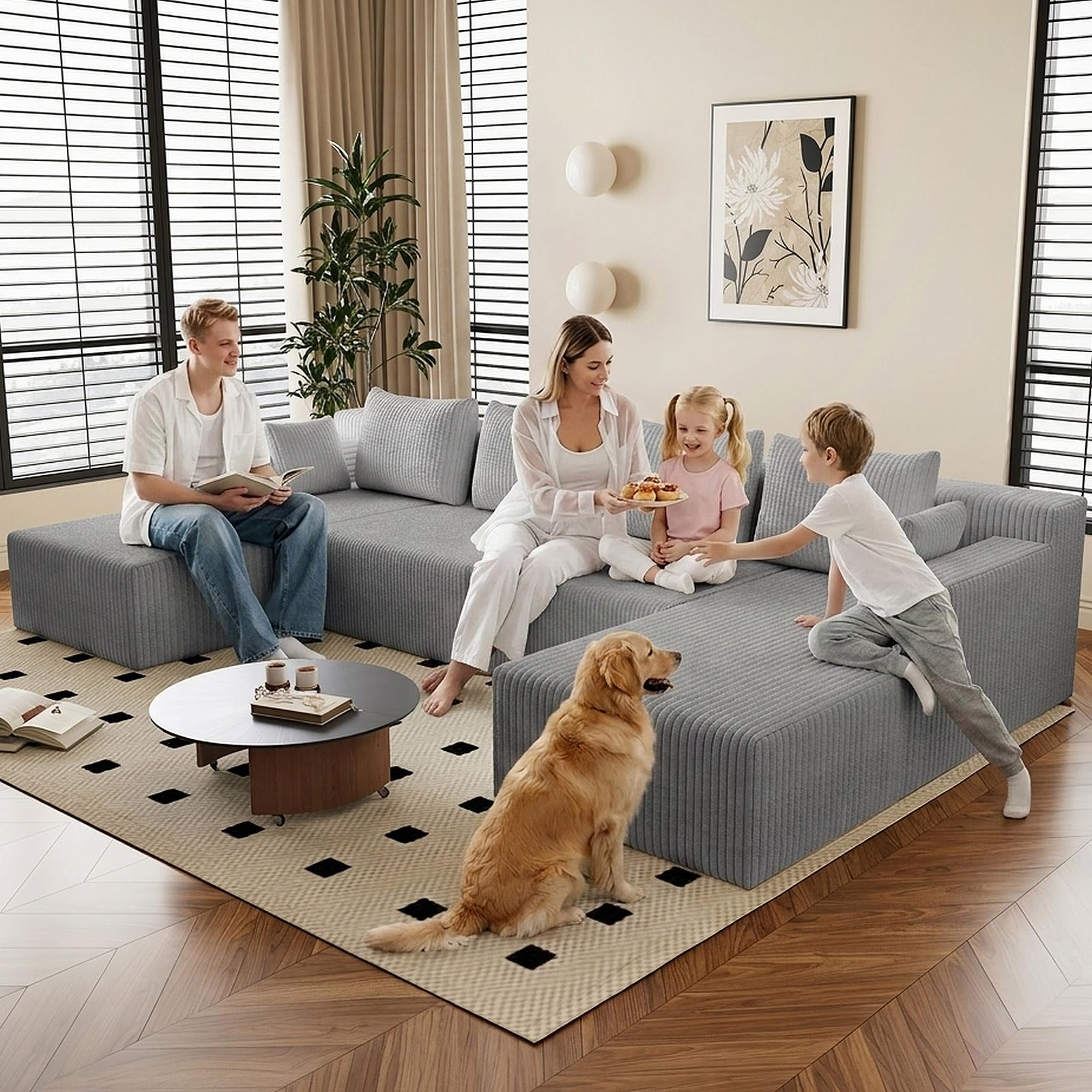 142" U-Shape Cloud Couch, Modern Modular Sectional U-Shape Sofa, Corduroy Boneless Couch Upholstered Couches Deep Seat Sleeper Chaise Longue for Living Room, No Assembly Required,Light Gray