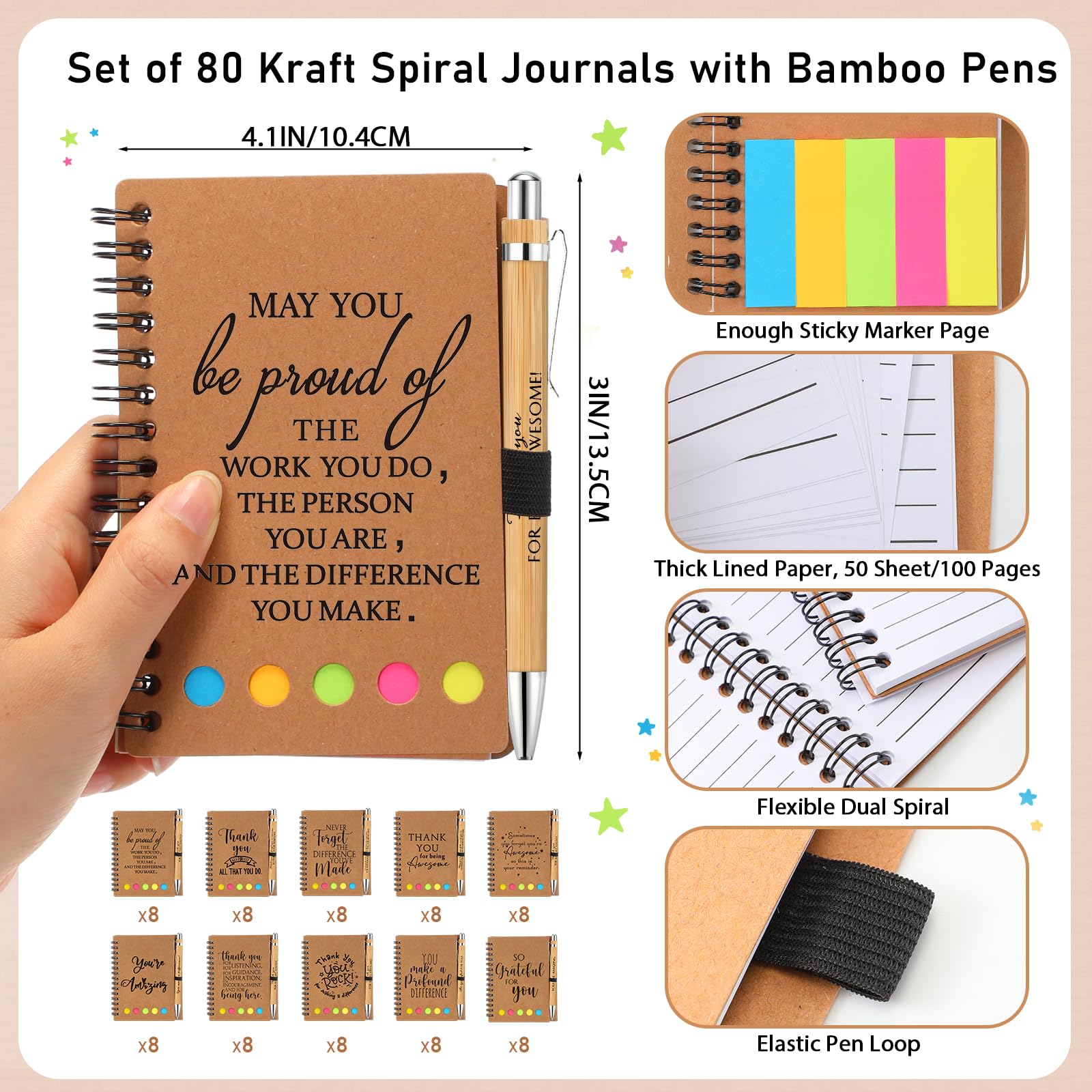 Honoson Inspirierendes Notizbuch mit Haftnotizen und Bambus-Stift-Set, Kollegen, Dankeschön, Geschenke für Lehrer, Krankenschwestern, Team, Mitarbeiter, Bürogruppe, 80 Stück