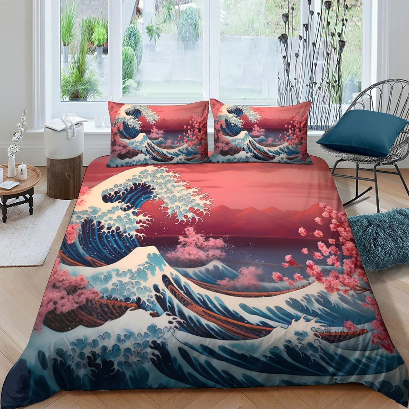 TUFRTGYHN 3D Printed Japanese Wave Duvet Cover Set Microfiber Soft Breathable Red Ocean Cherry Blossom Bedding with 2 Pillowcases for Bedroom Single（135x200cm）
