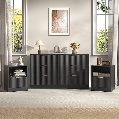 3-Piece Modern Bedroom Furniture Set, Wide 6-Drawer Dresser & 1-Drawer Nightstands Set of 2, Natural Wood Dresser and Nightstand Sets for Bedroom, Hallway, Black