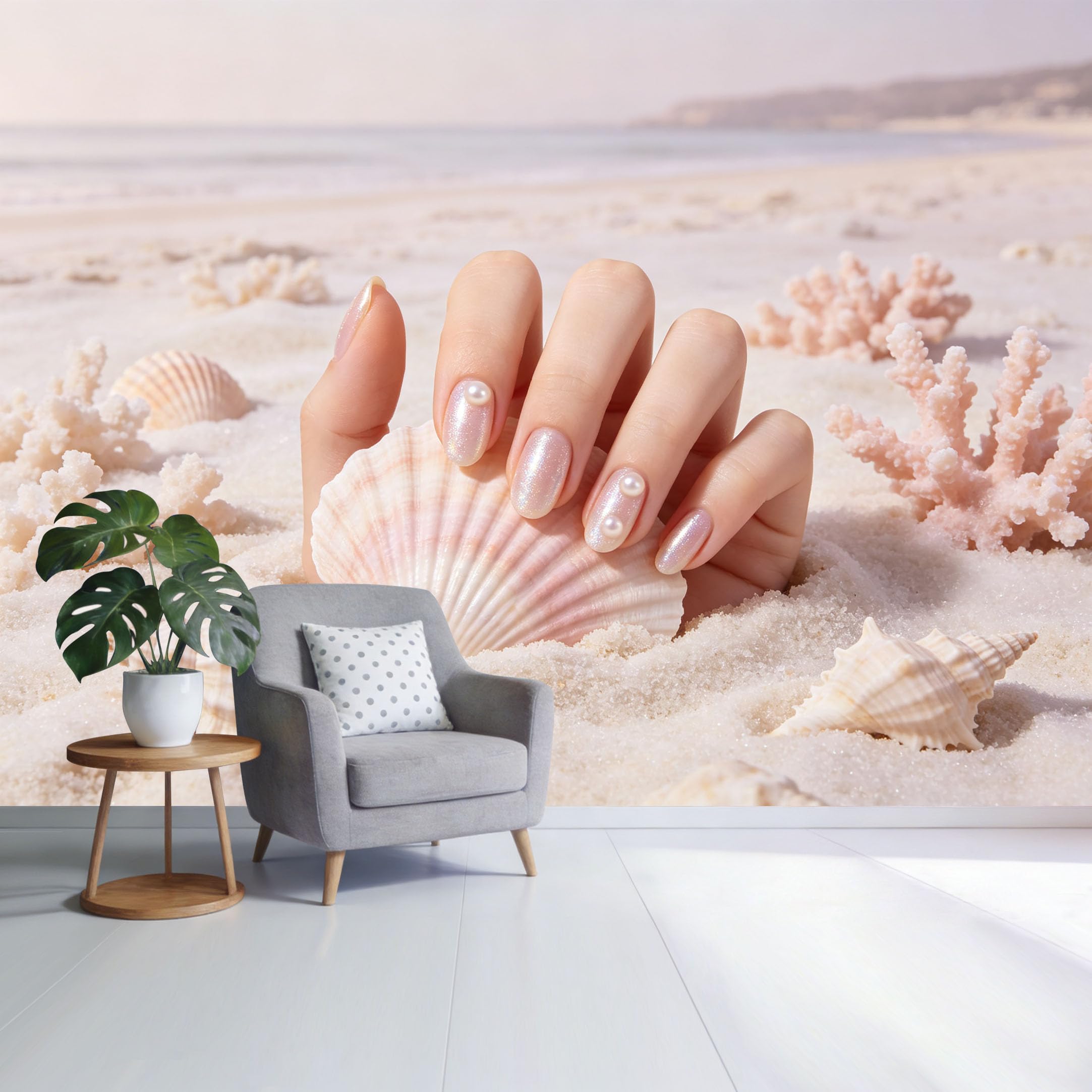 Custom Size Wall Mural Coastal Seashell Coral Beach Hand Aesthetic Pearl Accent Ocean Sand Scene SelfAdhesive Wall Fabric Removable Wallpaper for Home Office Decor