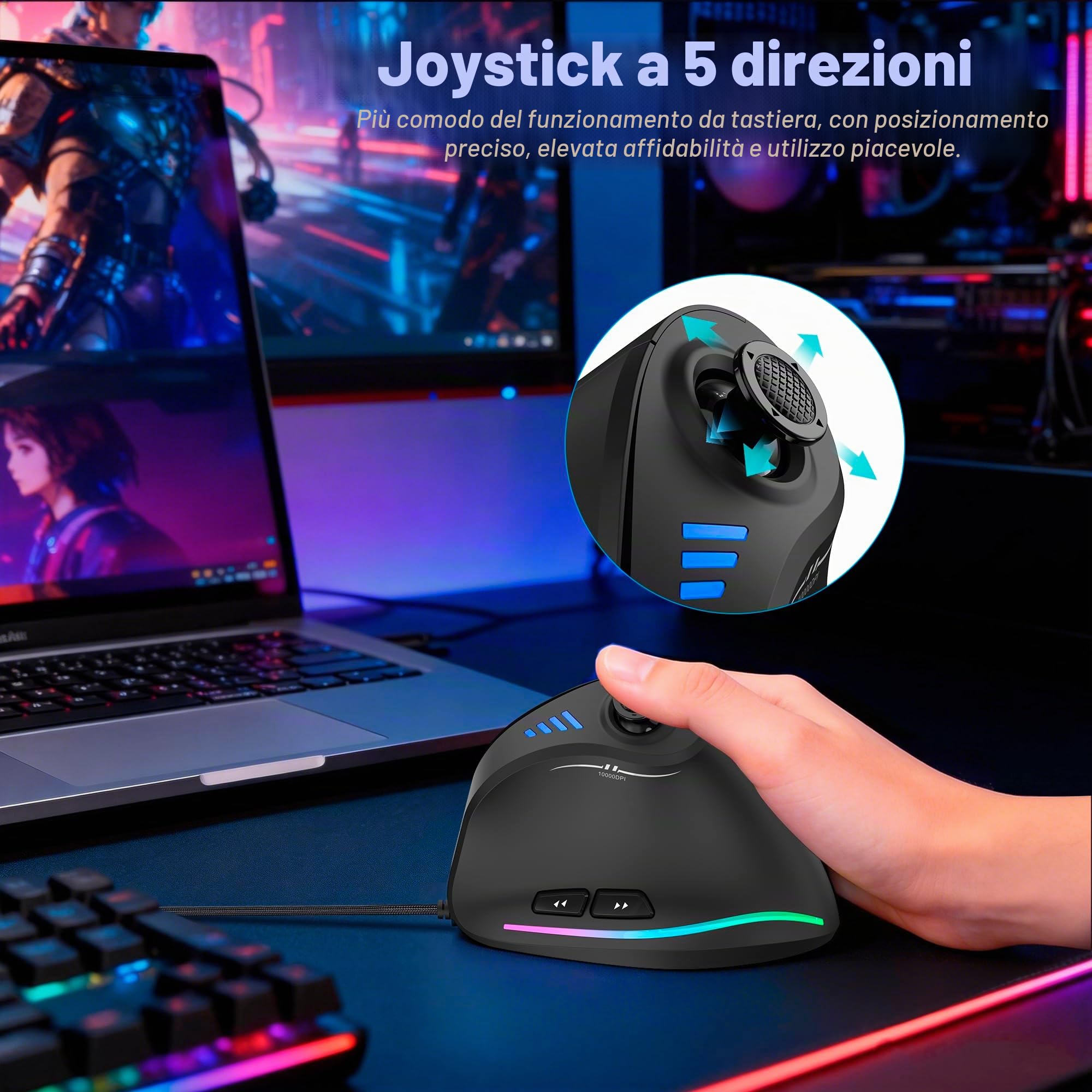 TRELC Mouse da gioco con bilanciere 5D, mouse ergonomico con 10000 DPI/11 pulsanti programmabili, mouse da gioco verticale RGB cablato per PC/laptop/e-sport/gamer (nero)