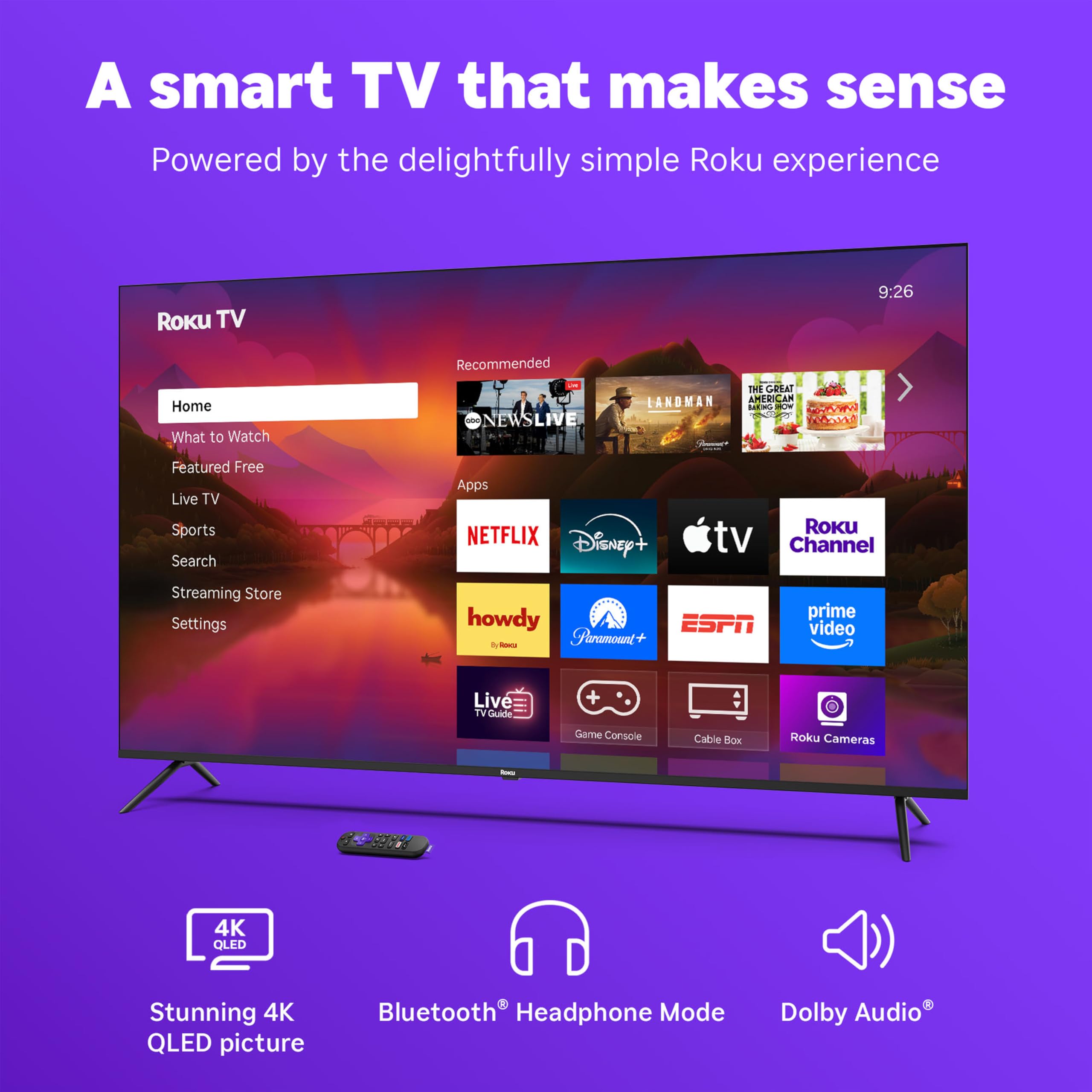 Roku Smart TV 2025 – 65-Inch Select Series, 4K HDR TV – RokuTV with Enhanced Voice Remote – Flat Screen LED Television with Wi-Fi for Streaming Live Local News, Sports, Family Entertainment