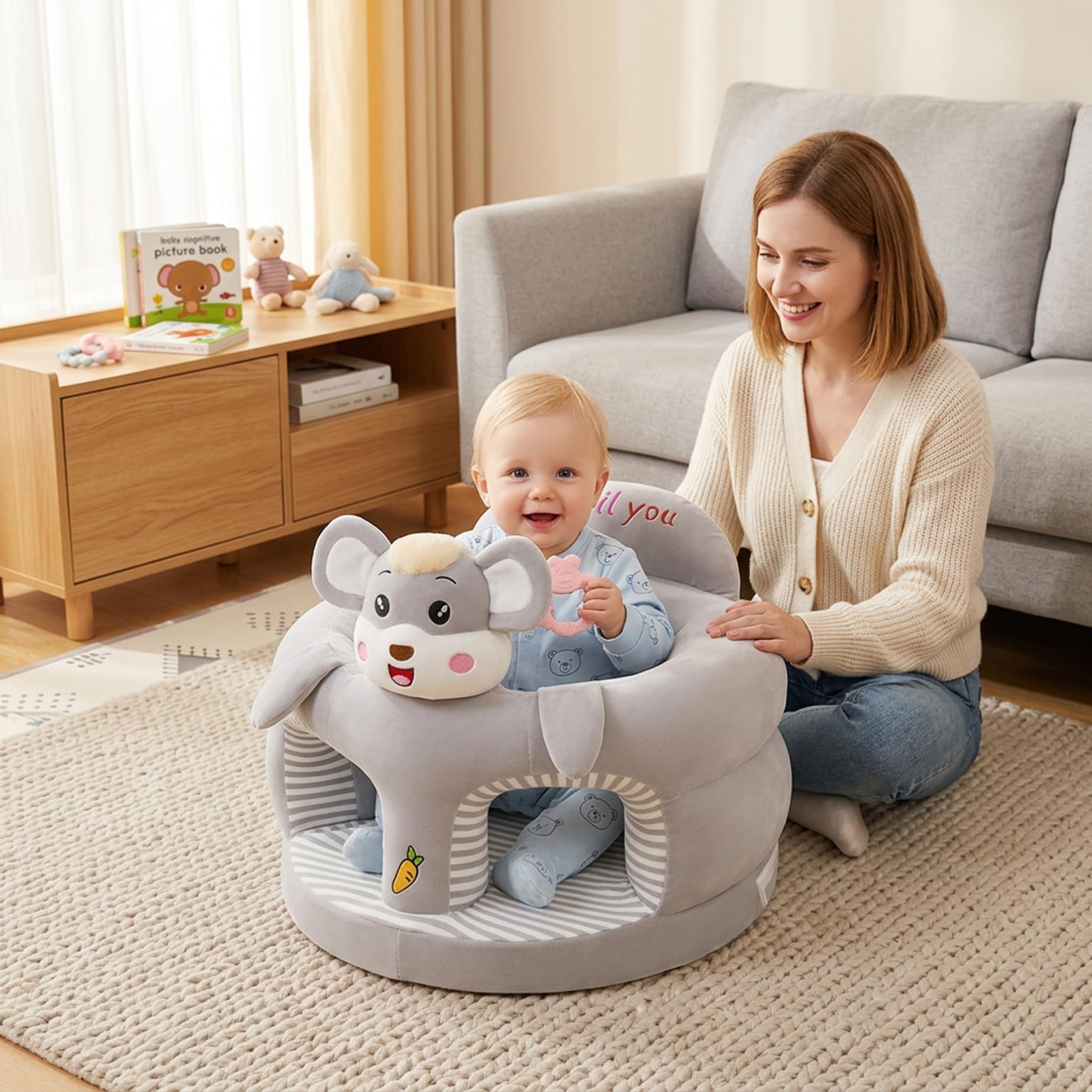 Baby-Sitzstuhl, entzückender Elefanten-Design-Sitzstuhl für Kleinkinder mit ergonomischer Unterstützung für Sitzübungen, weicher Plüsch-Bodensitz für Babys und Kleinkinder, graues Kleinkind