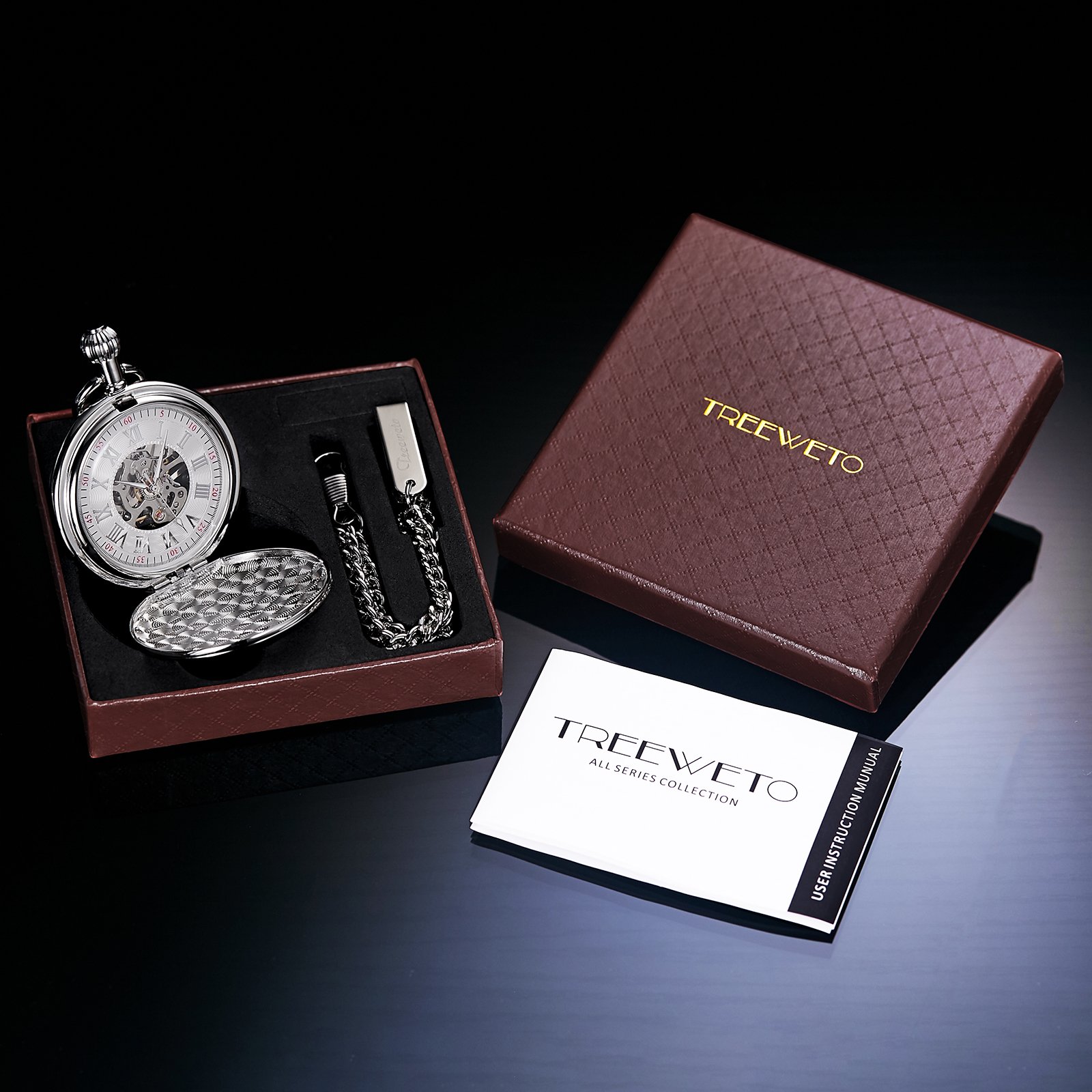 TREEWETO Relojes de bolsillo para hombre y mujer, reloj de bolsillo mecánico antiguo en dorado/plata con cadena, plata, Antiguo