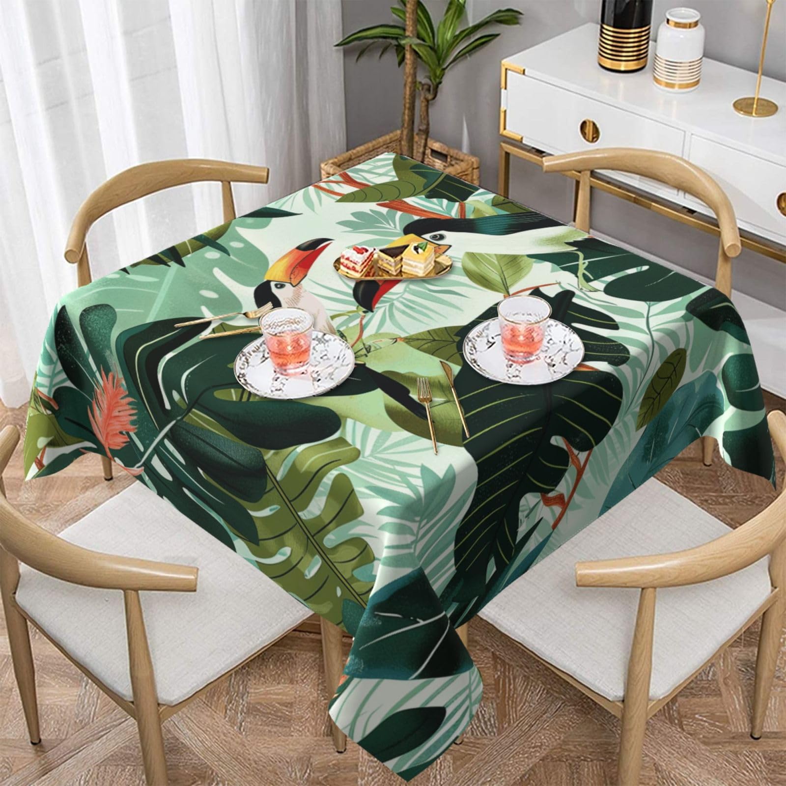 WPKJU Tropical Leaves Bird Printed Square Tablecloth 60x60 inch Water Resistant Table Cover Washable Rectangle Table Cloth for Dining Tables