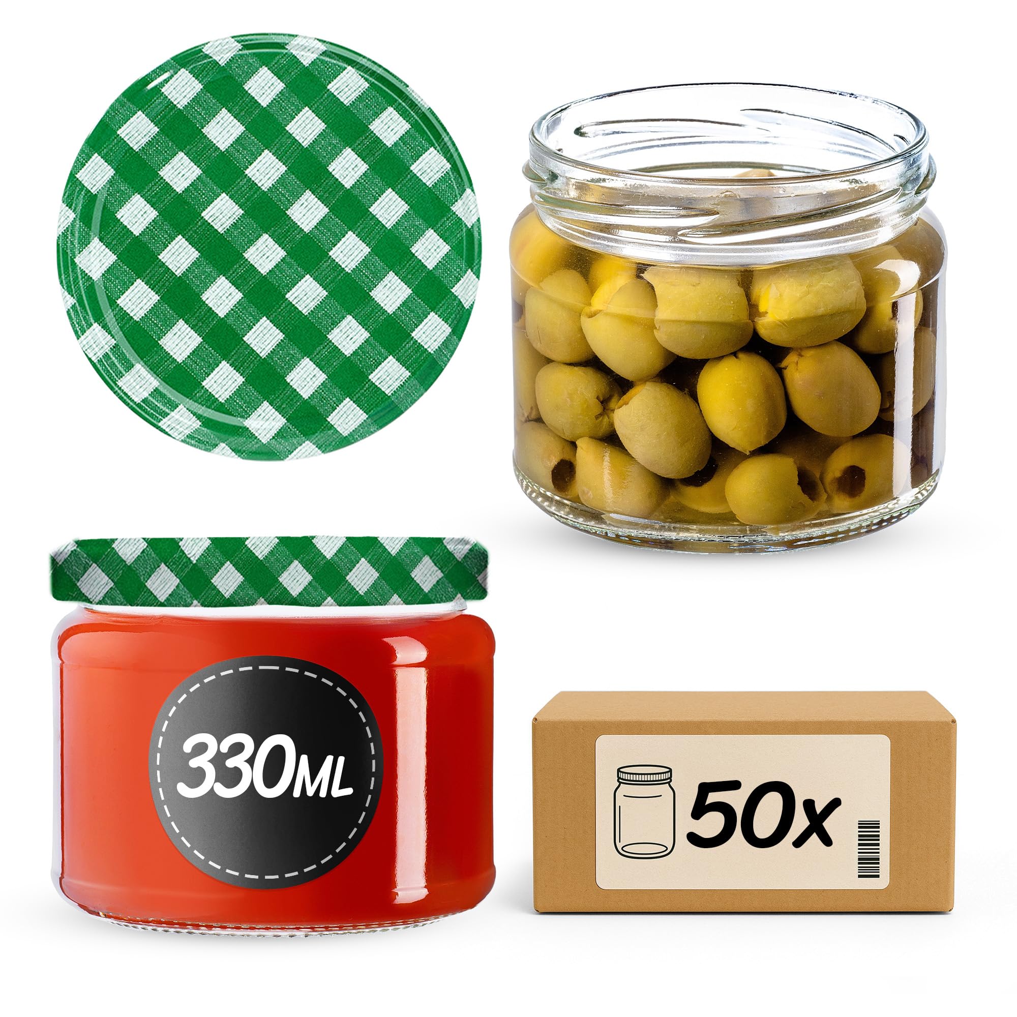 KADAX 50er Set Marmeladengläser 330ml TO82 Grün kariert, Einmachgläser Vorratsgläser Mason Jar mit Schraubdeckel, Luftdichte Schraubgläser, Honig & Konfitüre