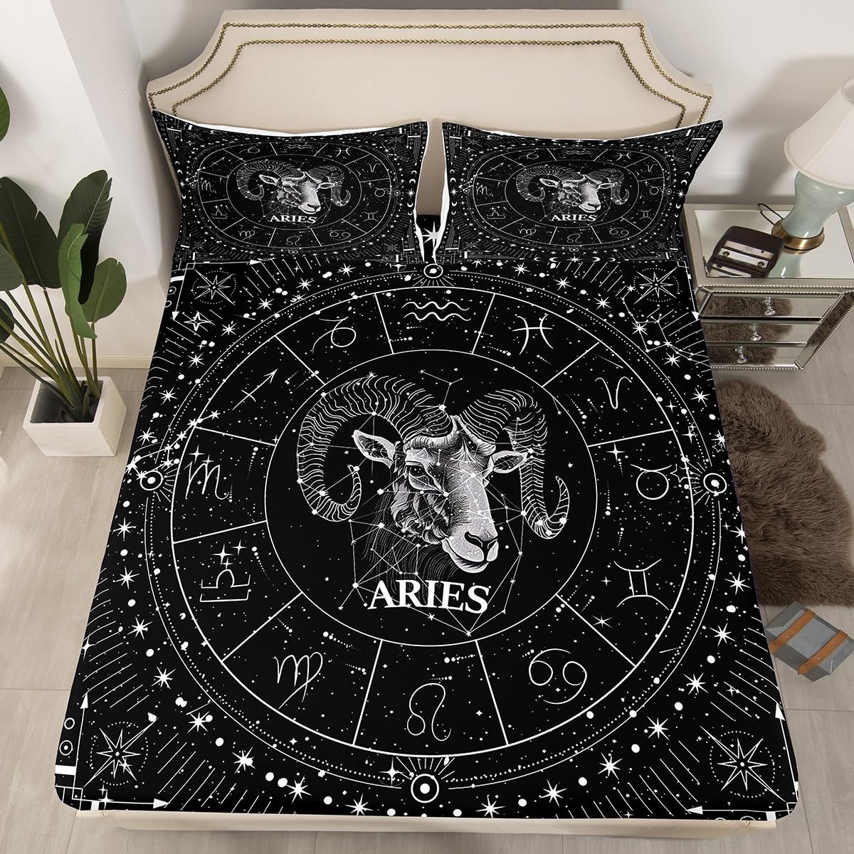 Feelyou Zodiac Bedding Sheets Twin Aries Bed Sheet Set for Kids Boys Girls Moon Star Pattern Fitted Sheet