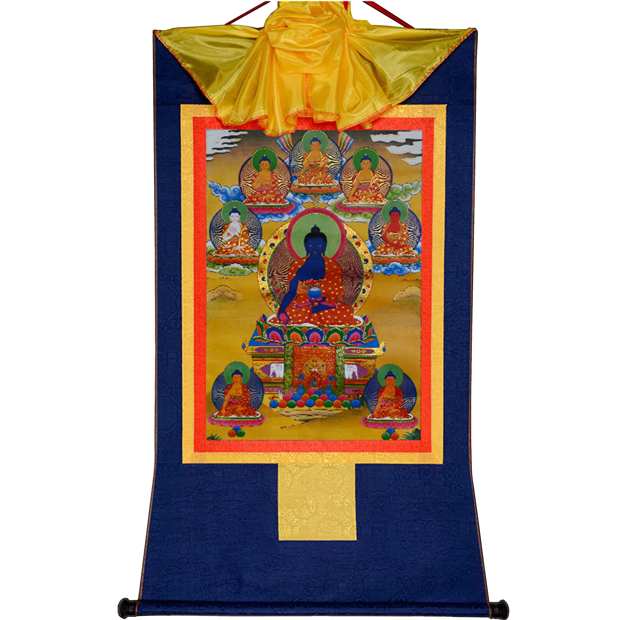 Gandhanra Tibetan Buddhist Thangka Wall Hanging,The Eight Medicine Buddhas Thangka,Hot Stamped Brocade Buddhist Tapestry for Zen Home Decor, Meditation, Spiritual Relaxation
