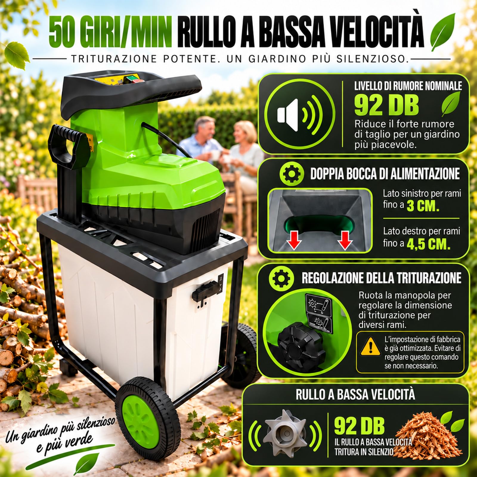Biotrituratore 2800W, capacità 45mm E Contenitore 60L