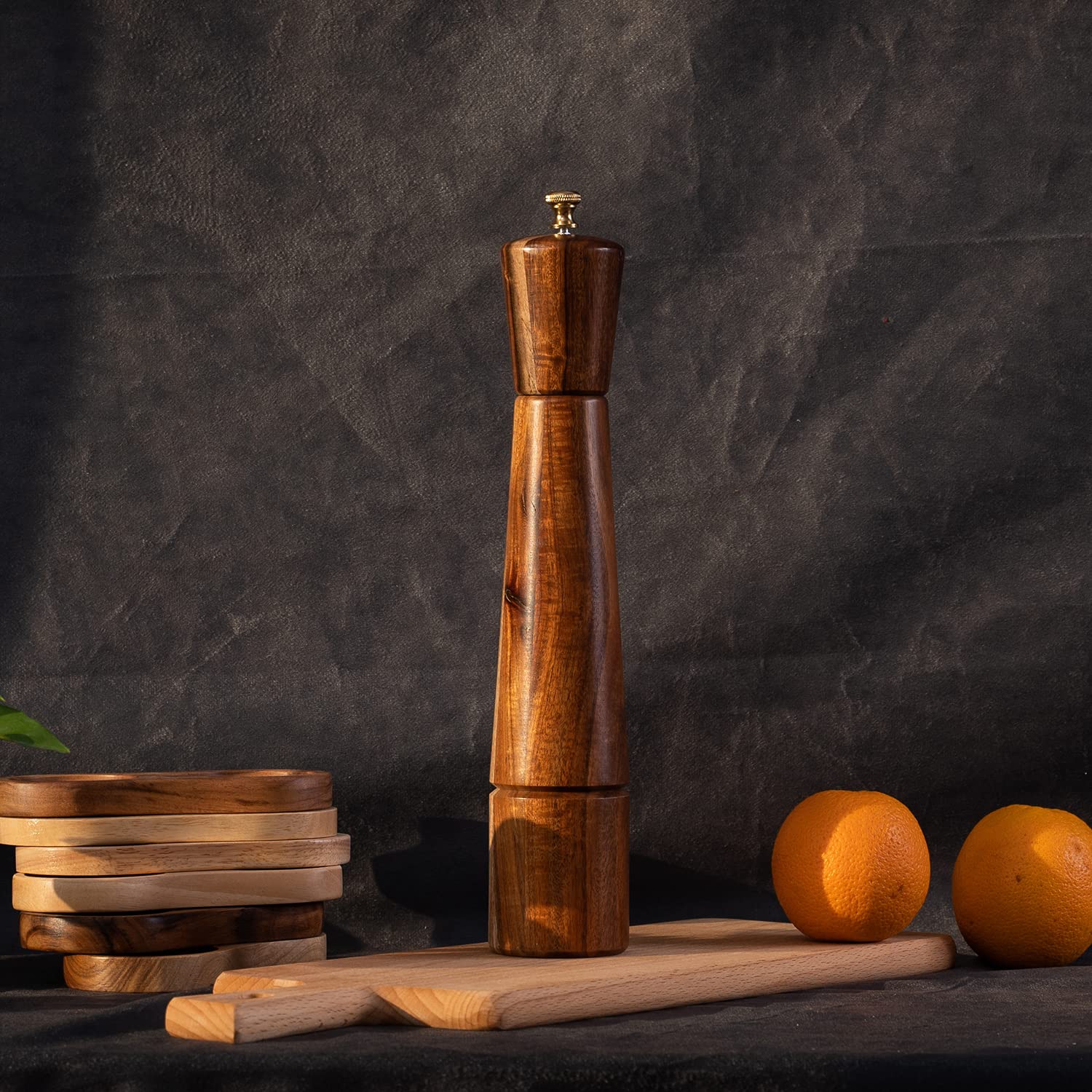 Macina Pepe, Macinapepe Regolabile in Acciaio Inossidabile, Legno di Acacia, Altezza 32 cm, Diametro Inferiore: 6 cm, Diametro Superiore: 5.5 cm (il Vassoio NON é incluso)