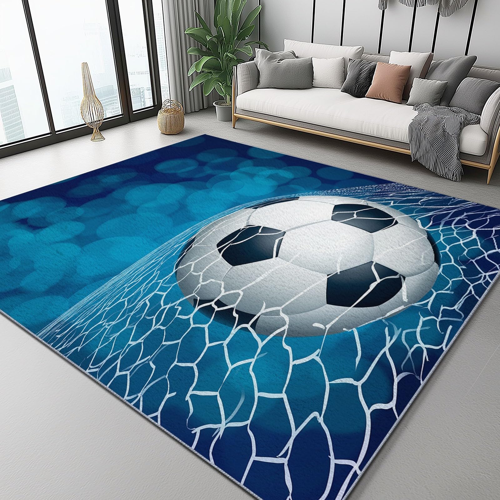 Generisch rutschfest Teppich für Wohnzimmer 120 x 160 cm, Sport Leichtathletik Fußball Flanell Teppich Kurzflor Weich Waschbare Teppiche für Schlafzimmer Kinderzimmer Esszimmer Flur Wohnkultur, Blau