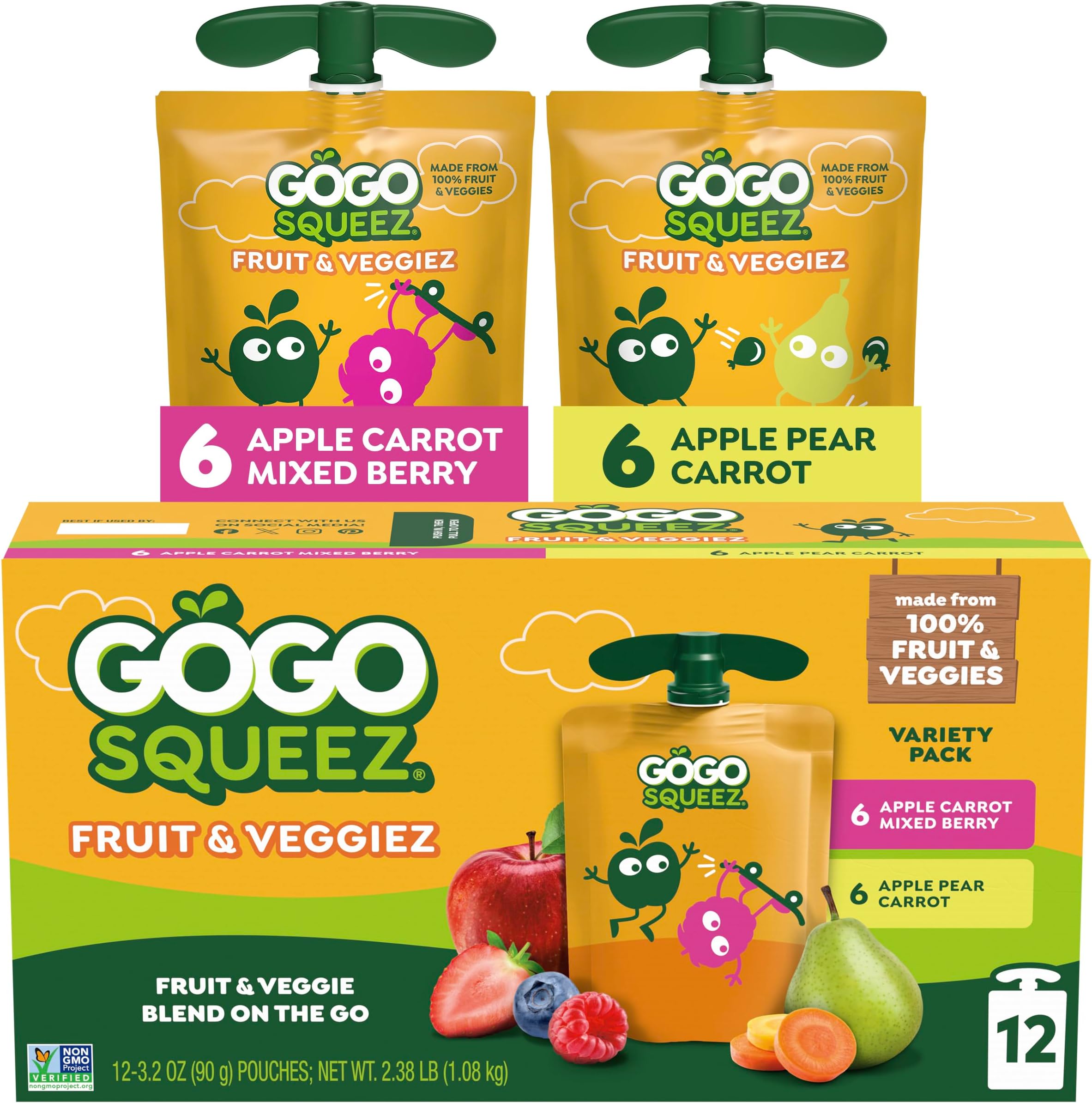 GoGo squeeZ Fruit & veggieZ Applesauce and Puree Variety Pack, Boulder Berry and Zippin' Pear, 3.2 oz (Pack of 12), Unsweetened Snacks for Kids, BPA Free Pouches (Packaging May Vary)