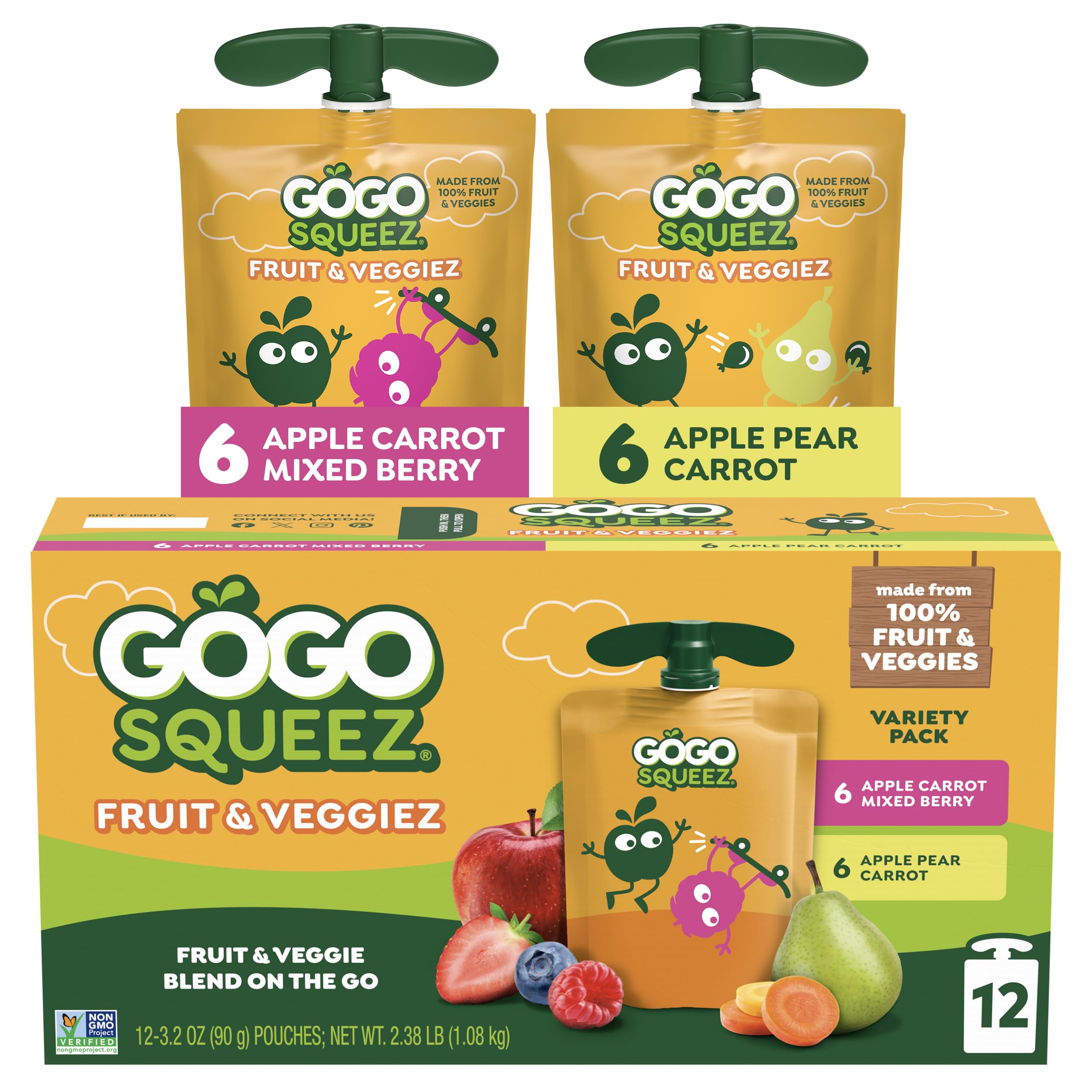 Fruit & veggieZ Applesauce and Puree Variety Pack, Boulder Berry and Zippin' Pear, 3.2 oz (Pack of 12), Unsweetened Snacks for Kids, BPA Free Pouches (Packaging May Vary)